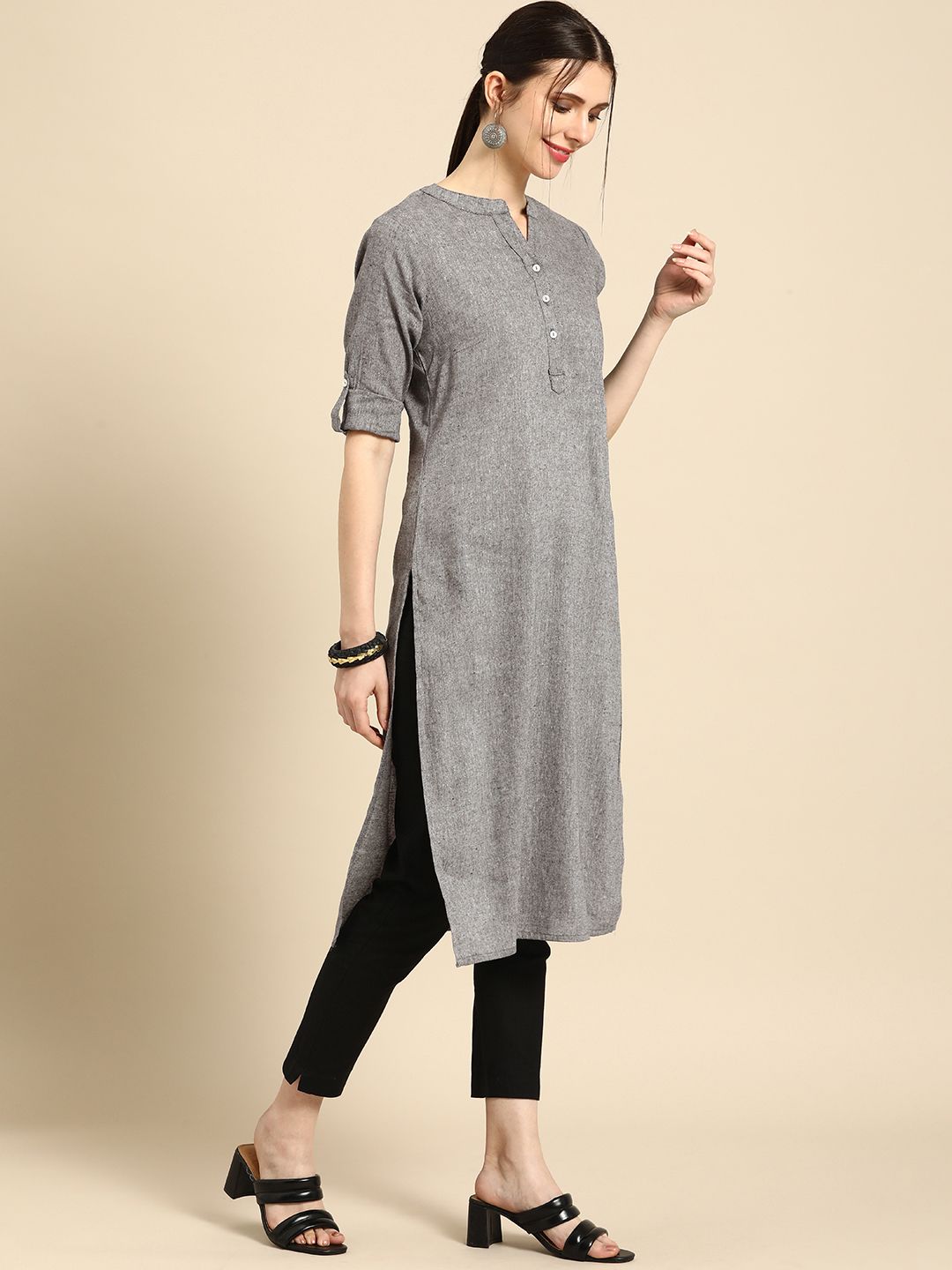 Anouk Women Grey Solid Pure Cotton Kurta Price in India