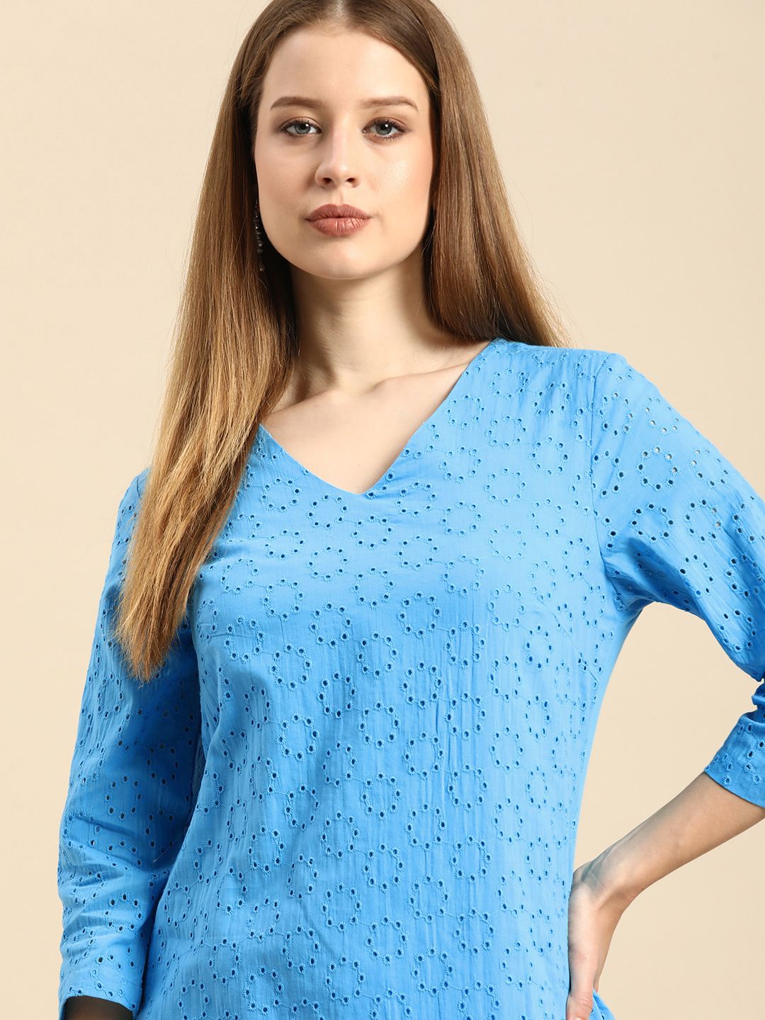 Anouk Women Blue Solid Schiffli Regular Kurta