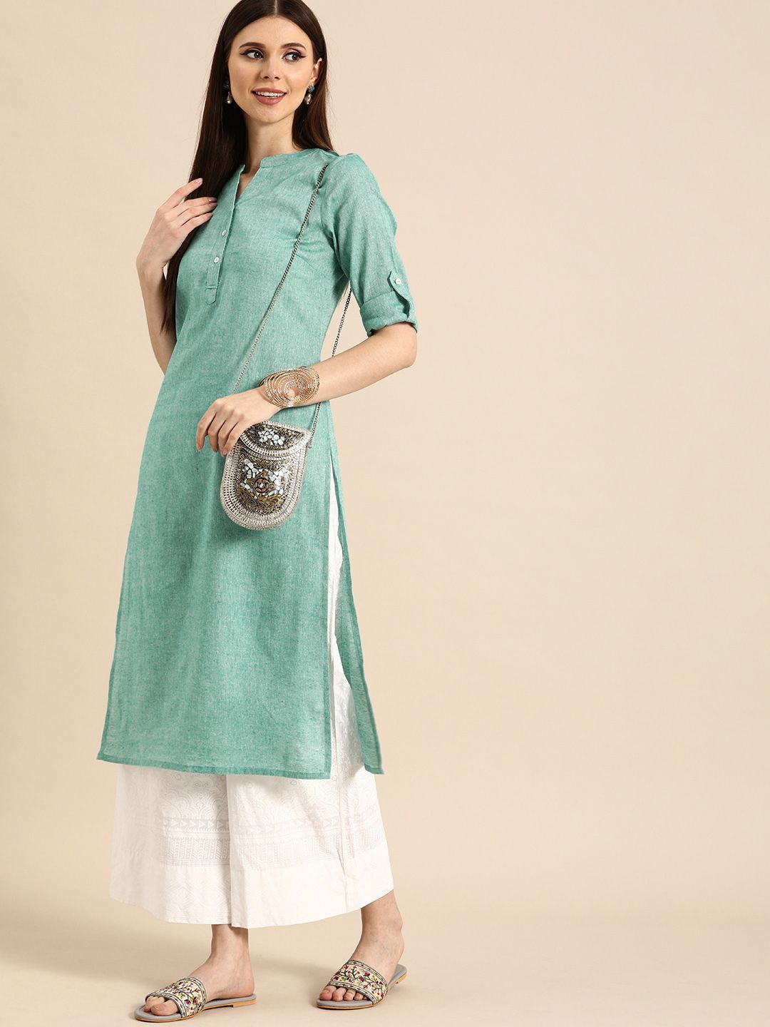 Anouk Women Mint Green Roll-Up Sleeves Rayon Kurta Price in India