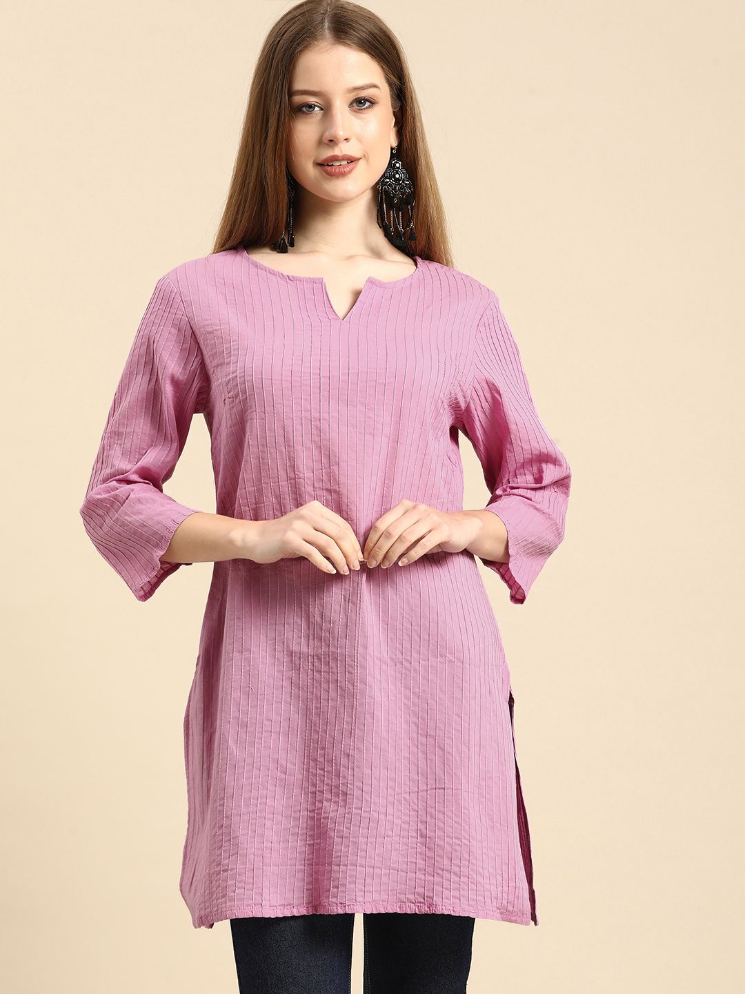 Anouk Women Pink Embroidered Striped Thread Work Pure Cotton Kurta