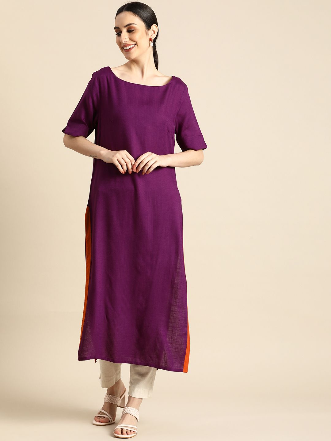 Anouk Women Purple Solid Round Neck Kurta Price in India