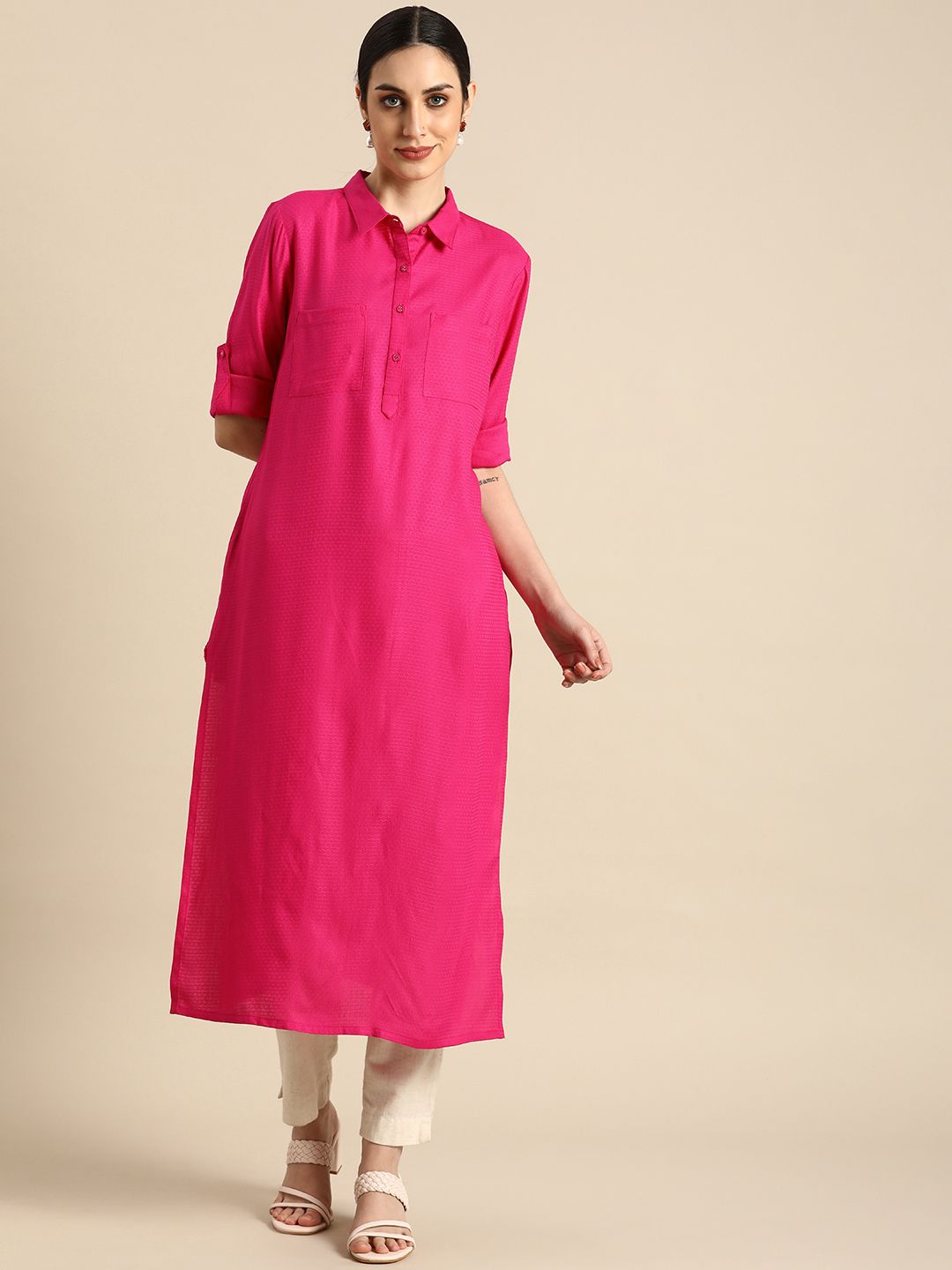 Anouk Women Pink Woven Design Shirt Collar Roll-Up sleeves Kurta Price in India