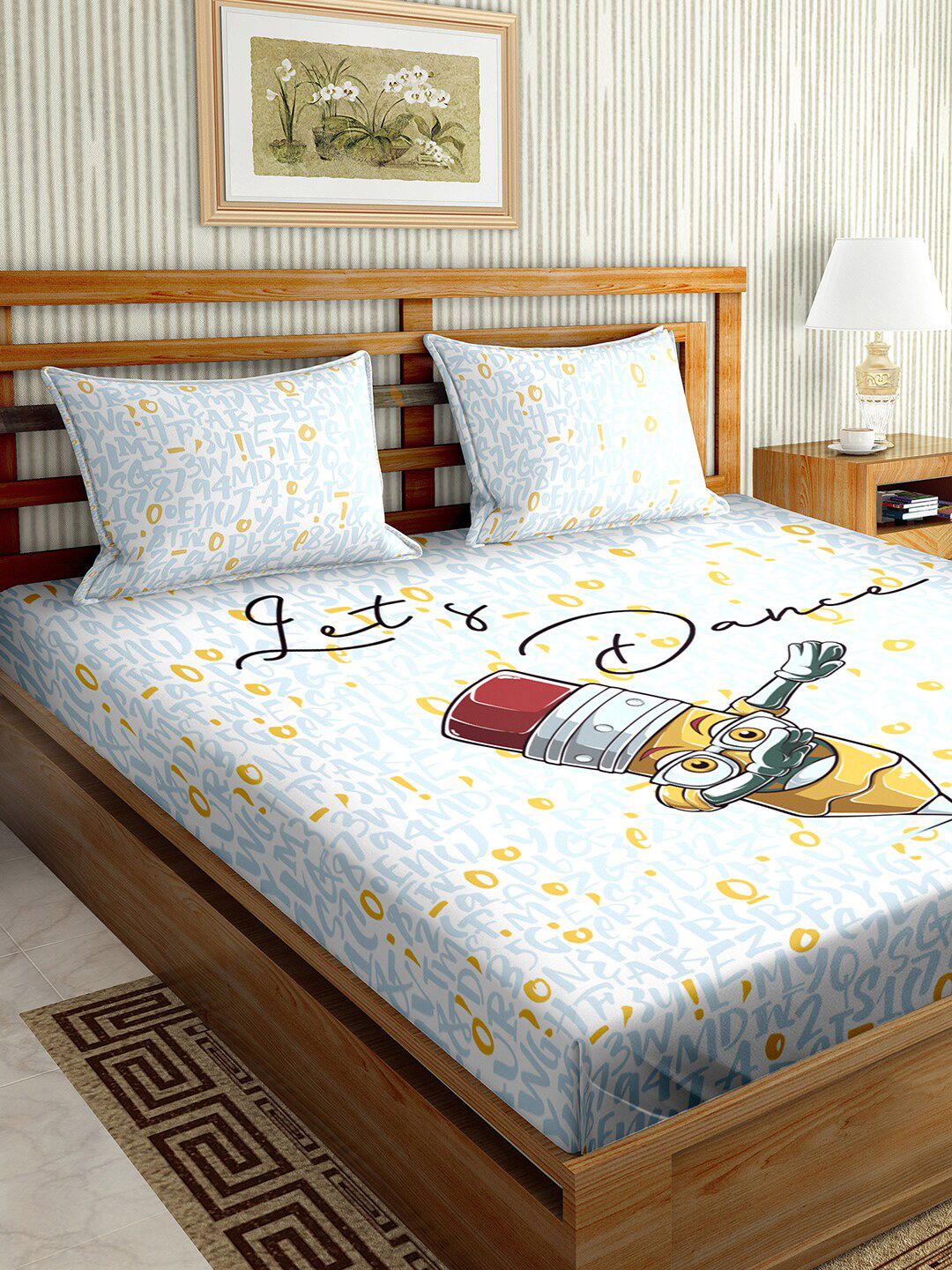 BELLA CASA Blue & Orange 180 TC King Cartoon Characters Bed Sheet with 2 Pillow Covers Price in India