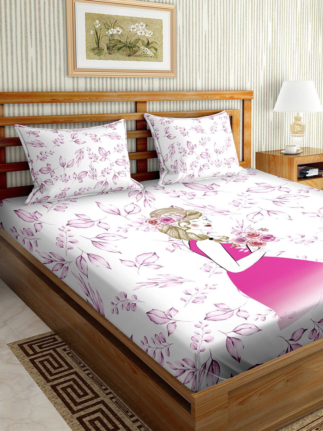 BELLA CASA Pink & White 180 TC King Bedsheet with 2 Pillow Covers Price in India