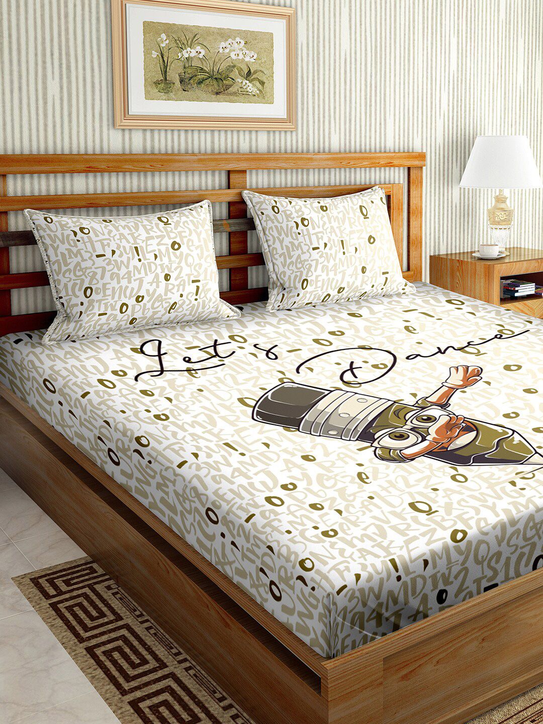 BELLA CASA Green & Beige Cartoon Printed 180 TC King Double Bedsheet with 2 Pillow Covers Price in India