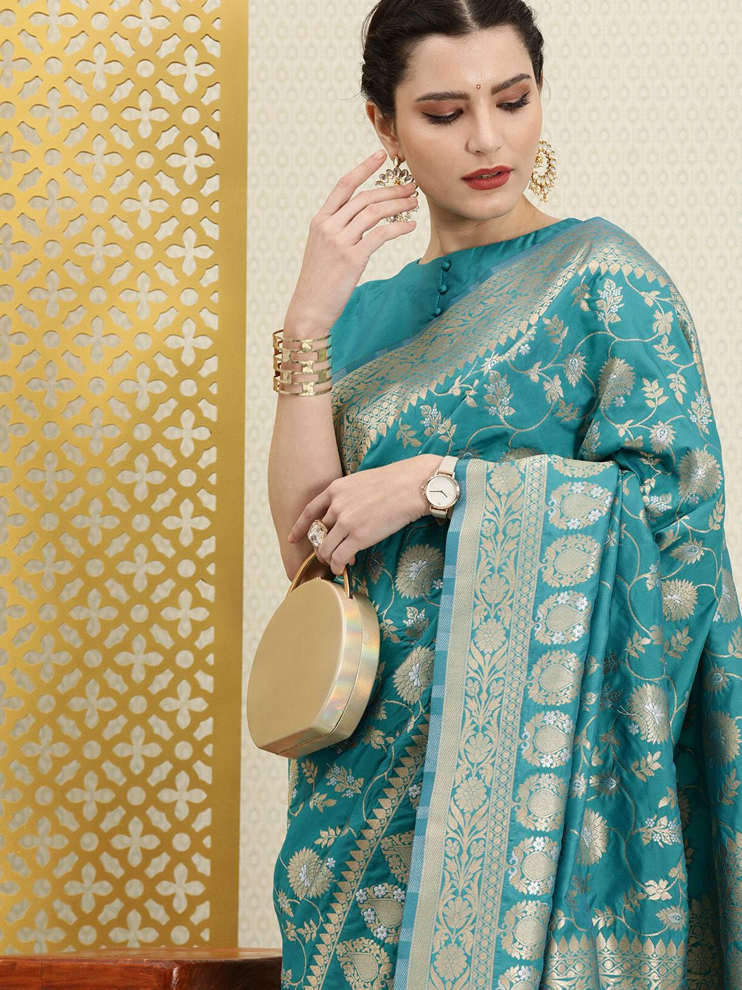 House of Pataudi Blue & Gold-Toned Ethnic Motifs Zari Silk Blend Banarasi Saree