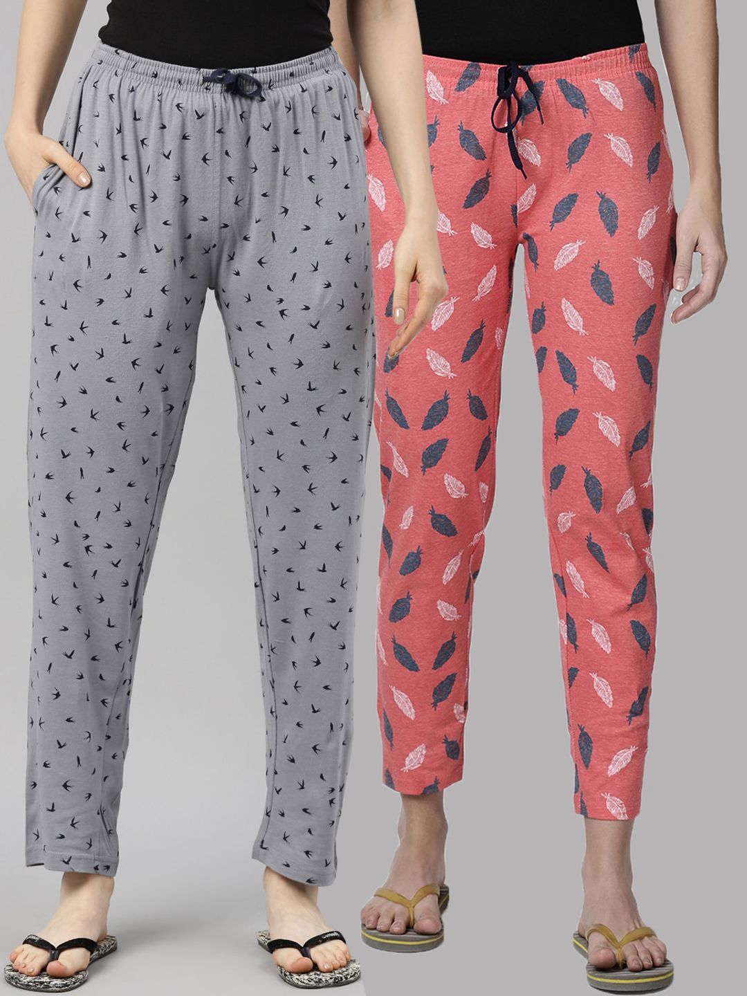 Kryptic Woman Pack of 2 Orange & Grey 100% Cotton Printed Lounge Pants Price in India