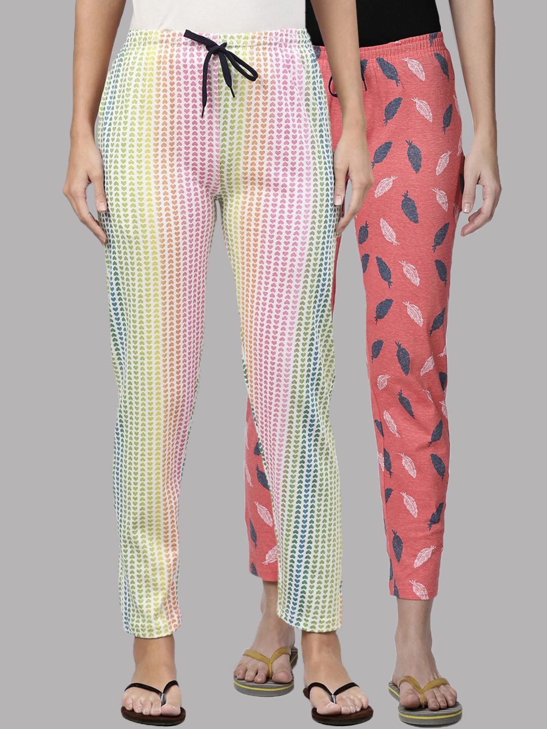Kryptic Women Pack of 2 Pink & Yellow Printed Cotton Lounge Pants Price in India