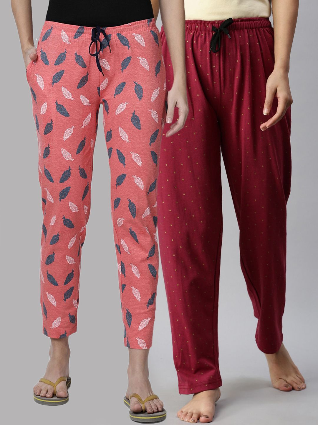 Kryptic Woman Pack of 2 Orange & Maroon 100% Cotton Printed Lounge Pants Price in India