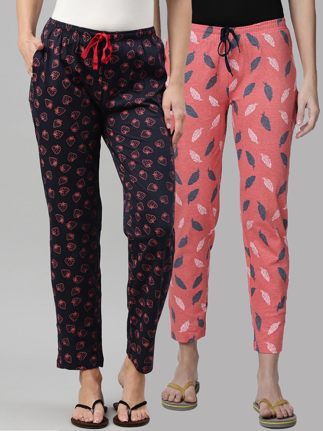 Kryptic Women Pack of 2 Navy Blue & Pink Printed Mid Rise Cotton Lounge Pants Price in India