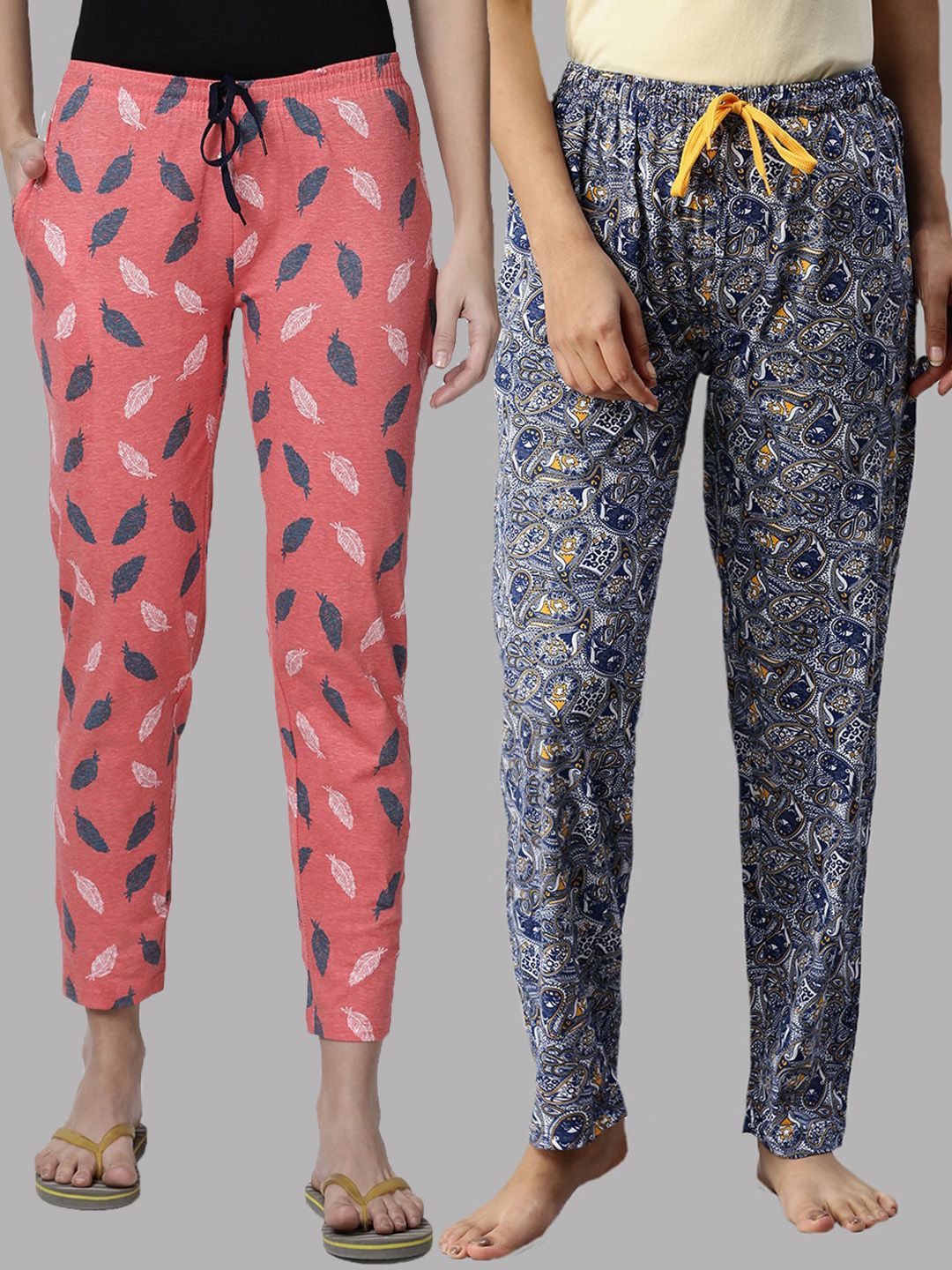 Kryptic Women Orange & Blue Pack of 2 Printed Cotton Lounge Pants Price in India