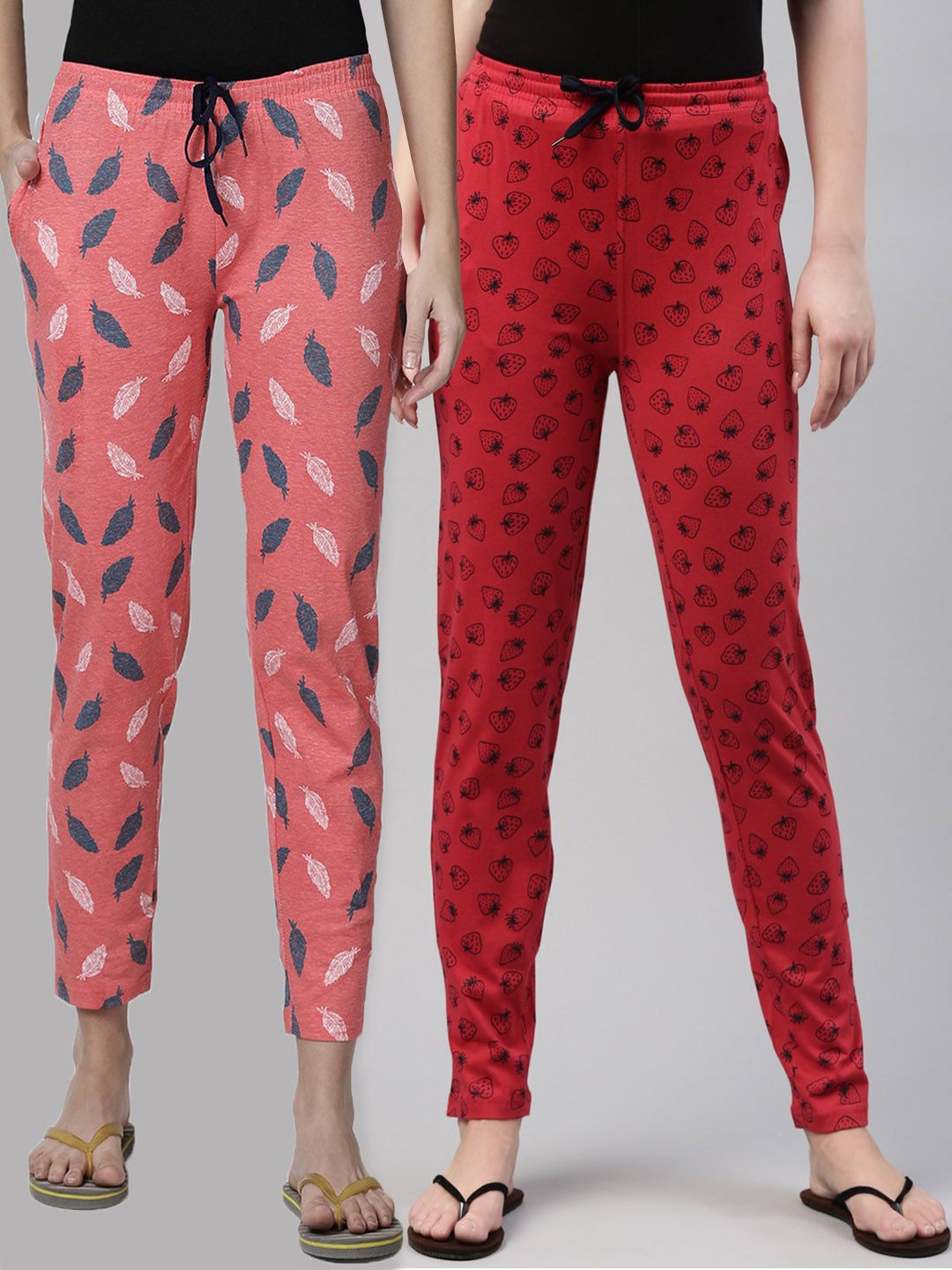 Kryptic Women Coral & Red Pack Of 2 Printed Pure Cotton Lounge Pants Price in India