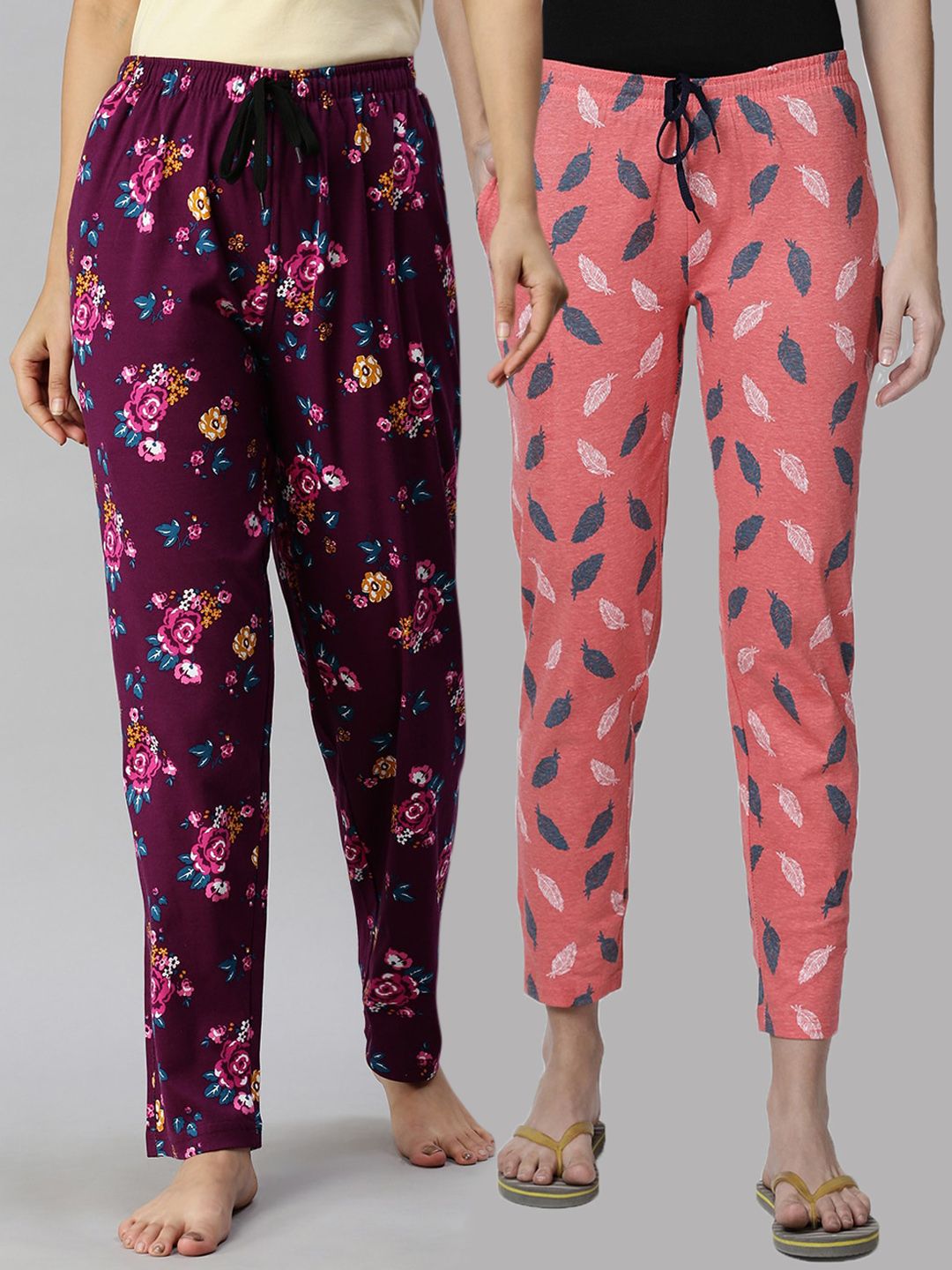 Kryptic Women Orange & Maroon Pack Of 2 Printed Pure Cotton Lounge Pants Price in India