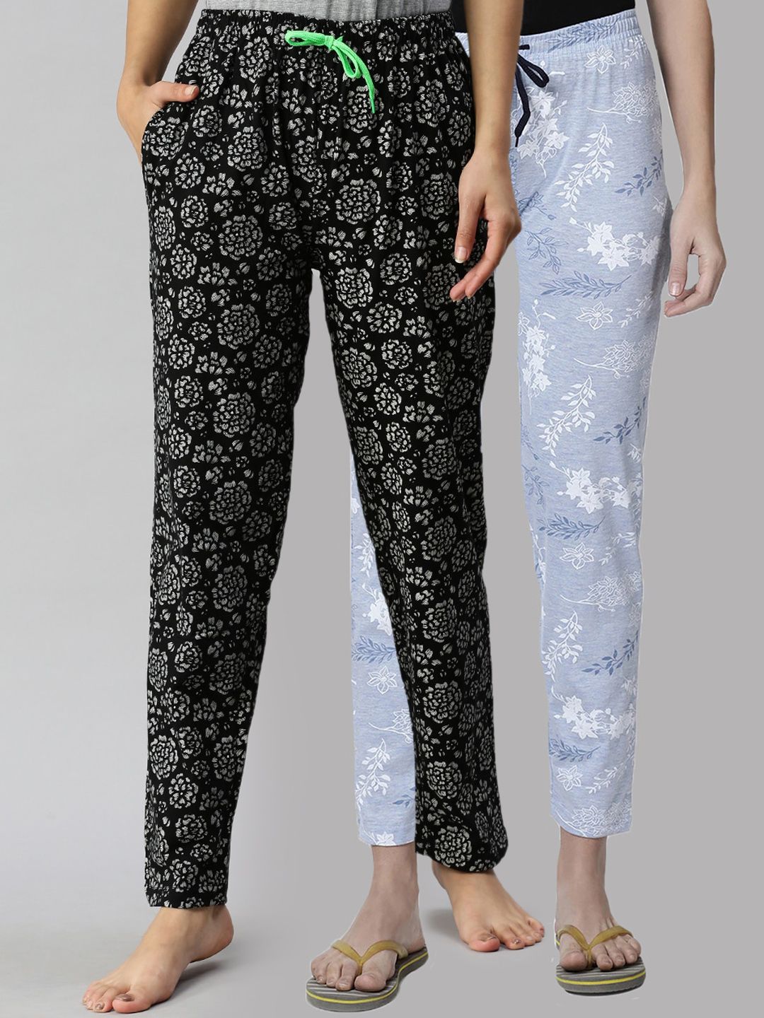 Kryptic Women Blue & Black Pack Of 2 Printed Pure Cotton Lounge Pants Price in India