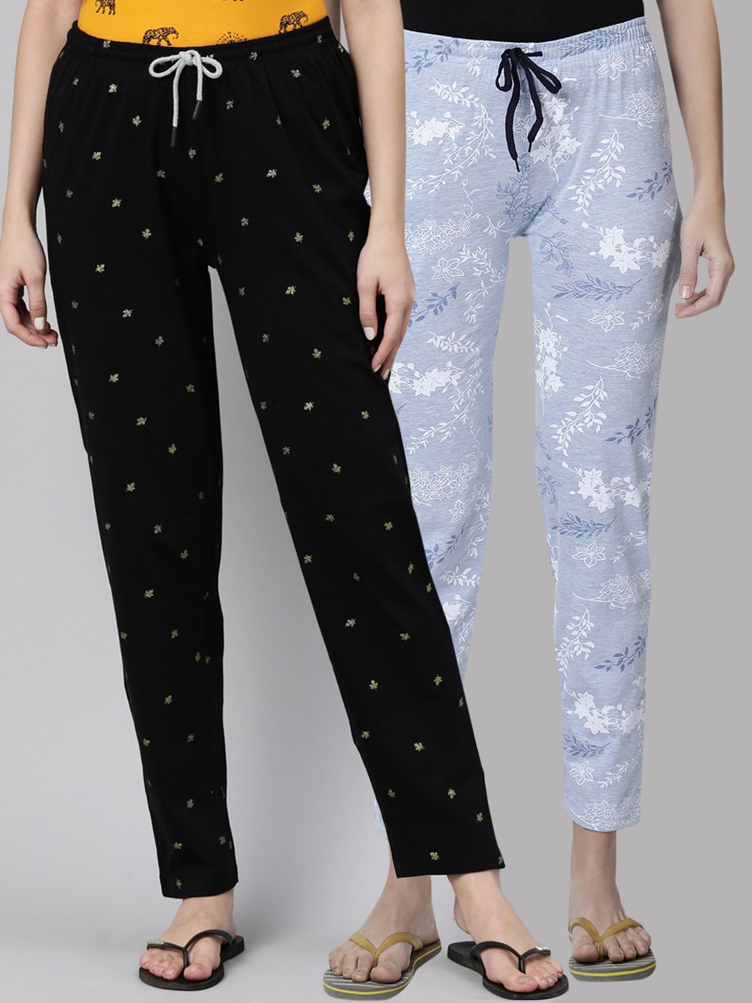 Kryptic Women Pack of 2 Black & Blue Printed Cotton Lounge Pants Price in India