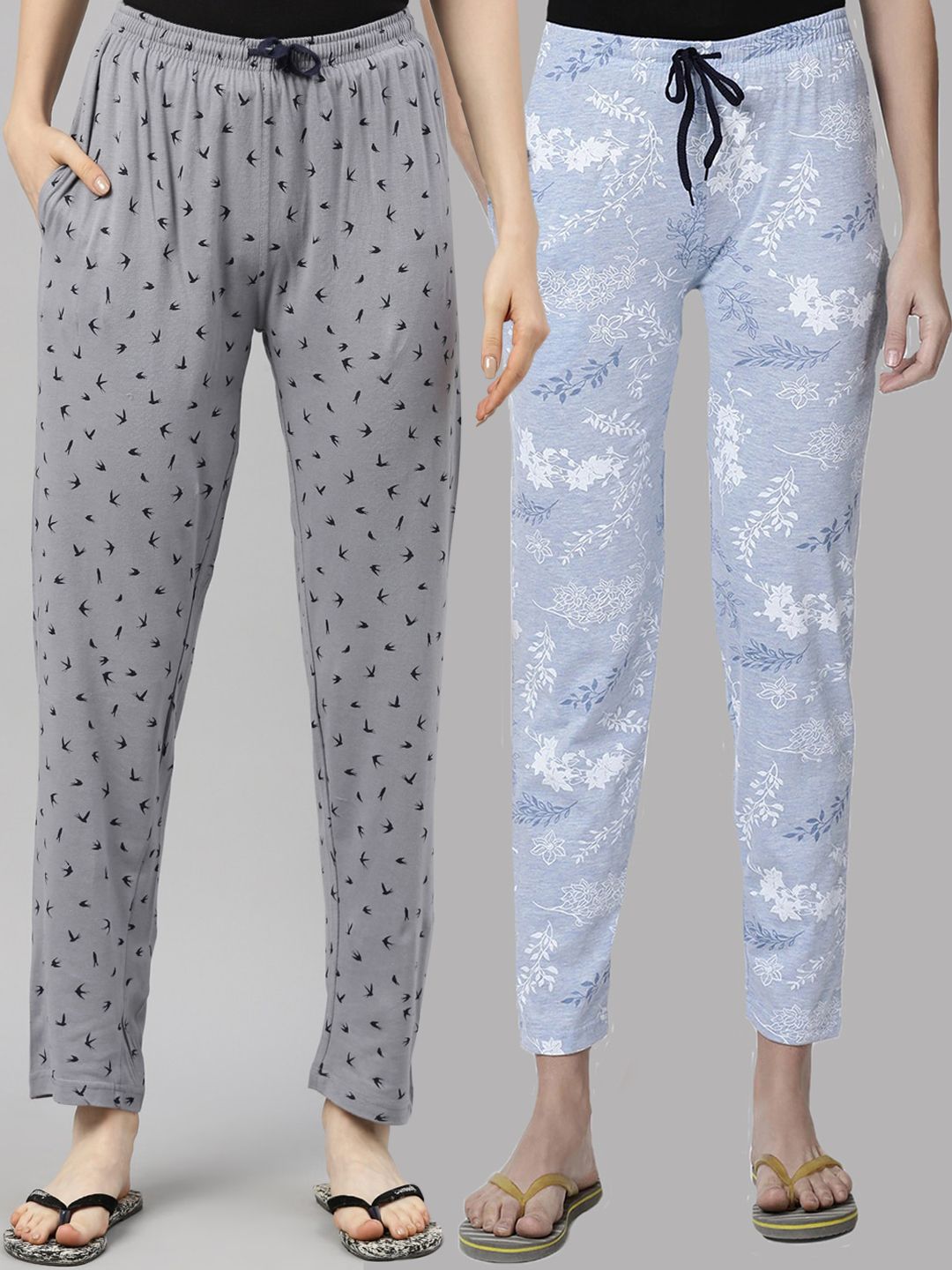 Kryptic Women Pack of 2 Blue & Grey Printed Cotton Lounge Pants Price in India