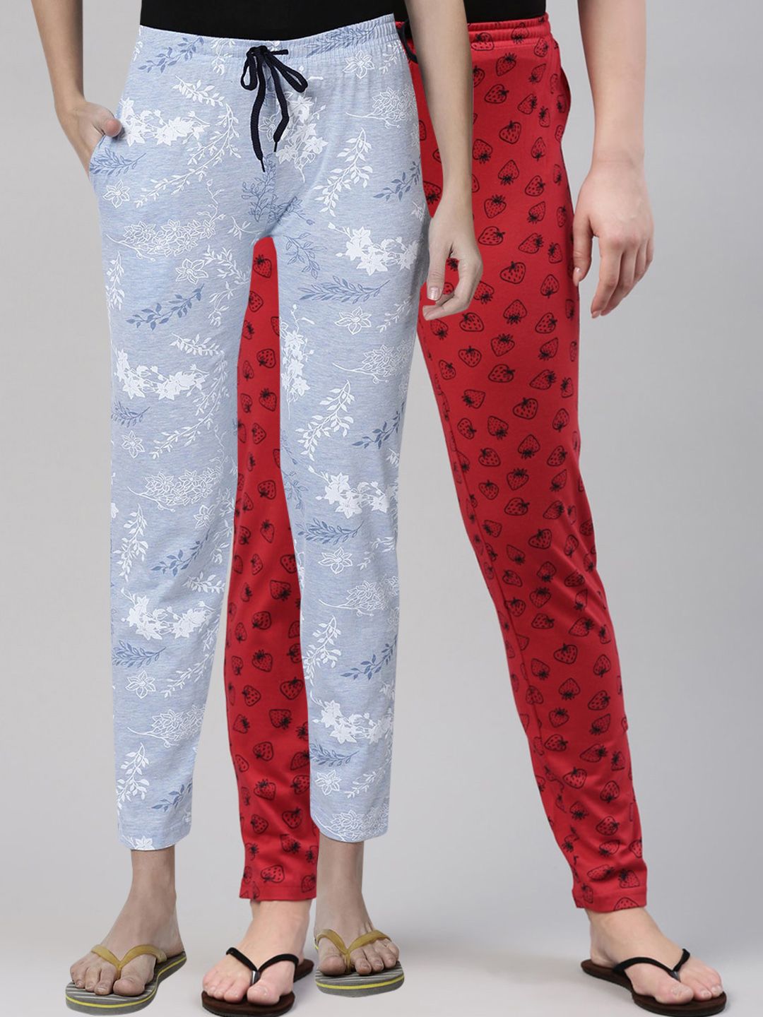 Kryptic Women Blue & Red Pack Of 2 Printed Pure Cotton Lounge Pants Price in India