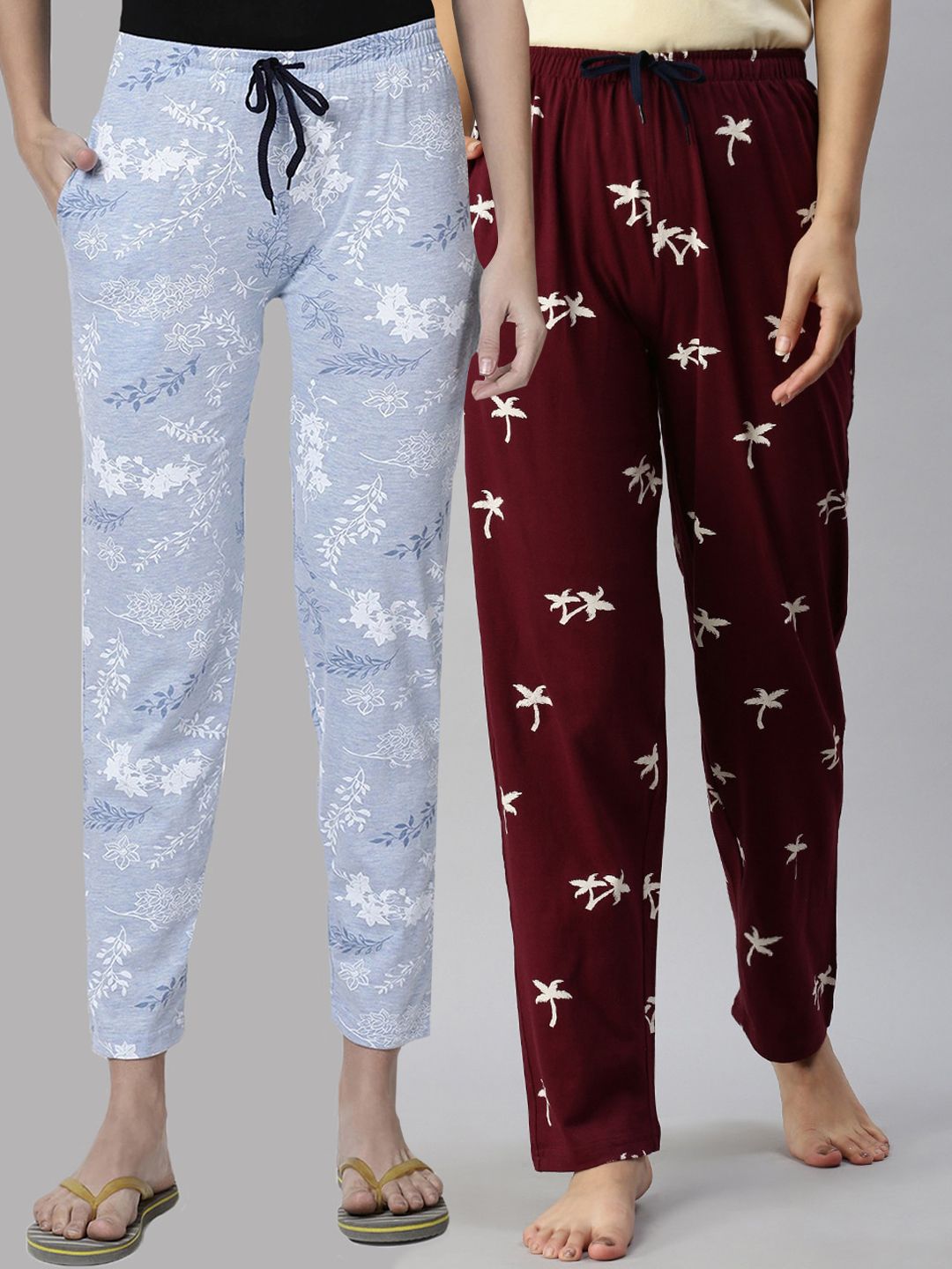Kryptic Women Pack Of 2 Blue & Maroon Printed Pure Cotton Lounge Pant Price in India