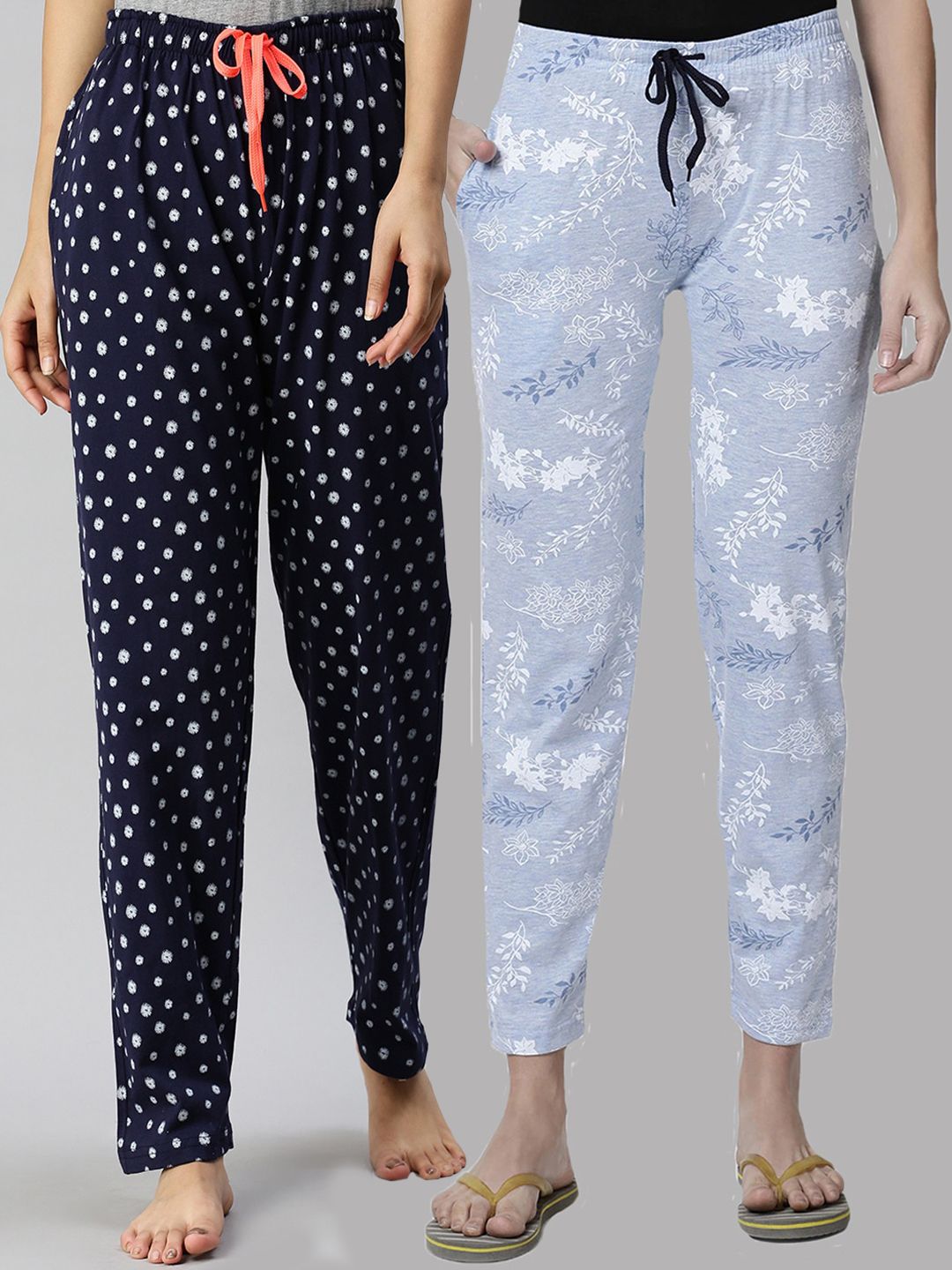 Kryptic Women Navy Blue & Blue Pack Of 2 Printed Pure Cotton Lounge Pants Price in India