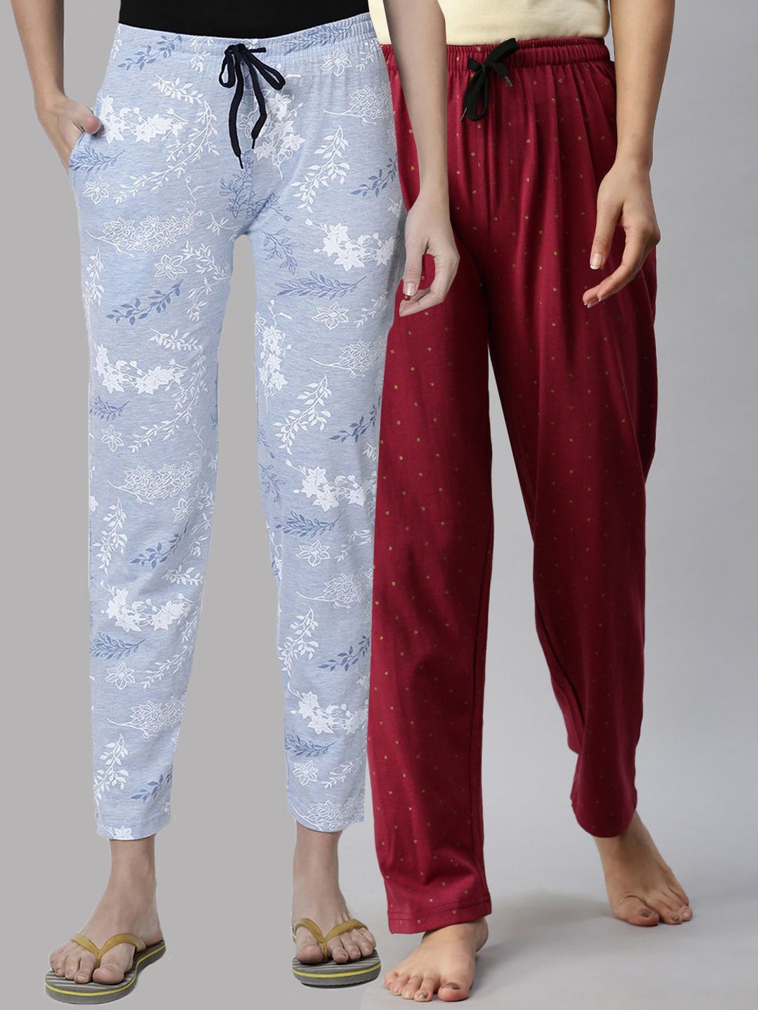 Kryptic Women Pack of 2 Maroon & Blue Printed Cotton Lounge Pants Price in India