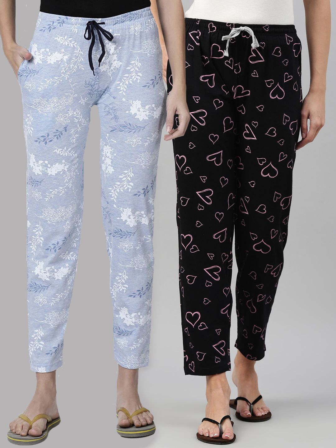 Kryptic Women Pack Of 2 Blue & Black Printed Pure Cotton Lounge Pant Price in India