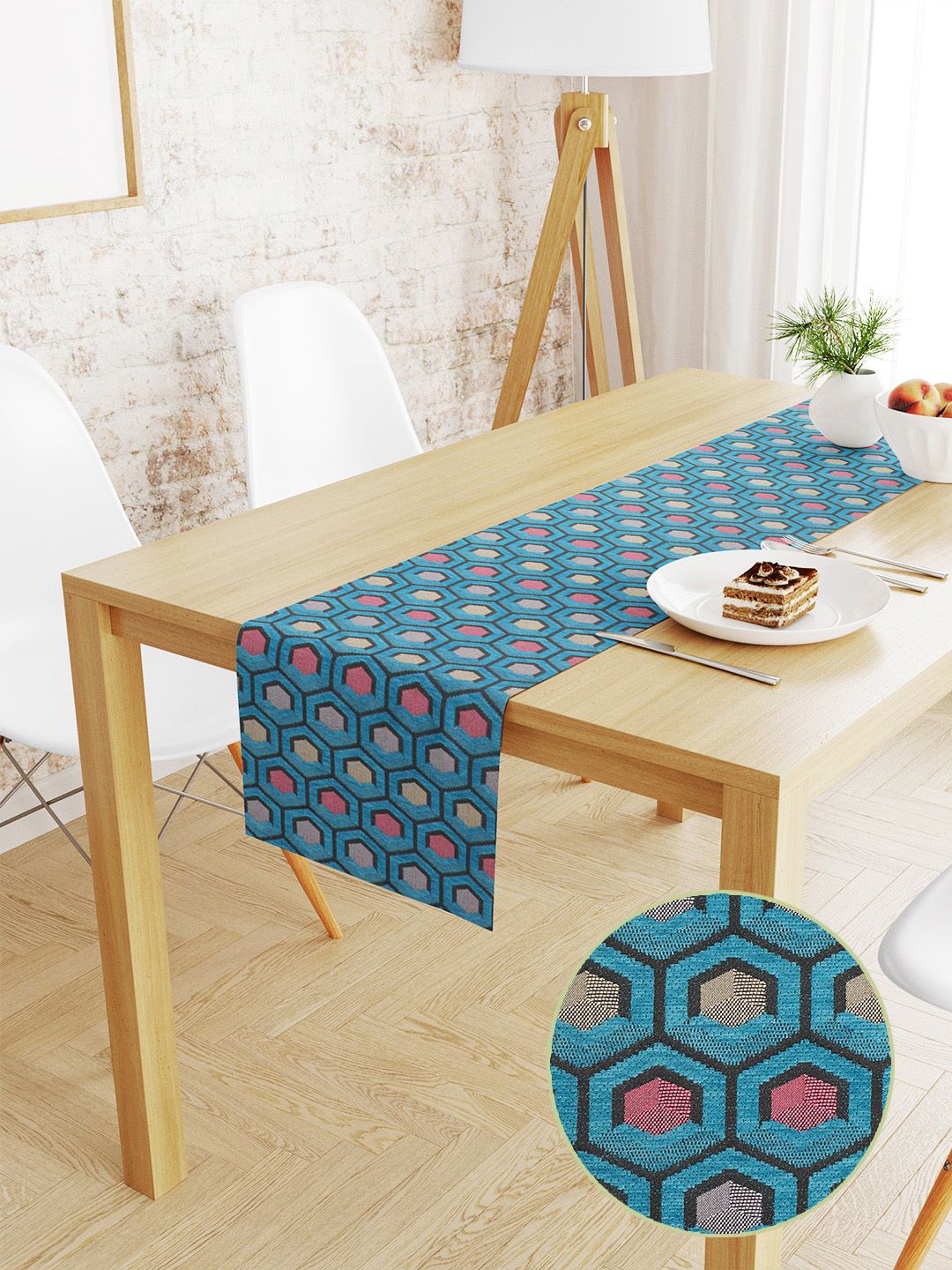 S9home by Seasons Turquoise Blue & Black Geometric Chenille Jacquard 6-Seater Table Runner Price in India