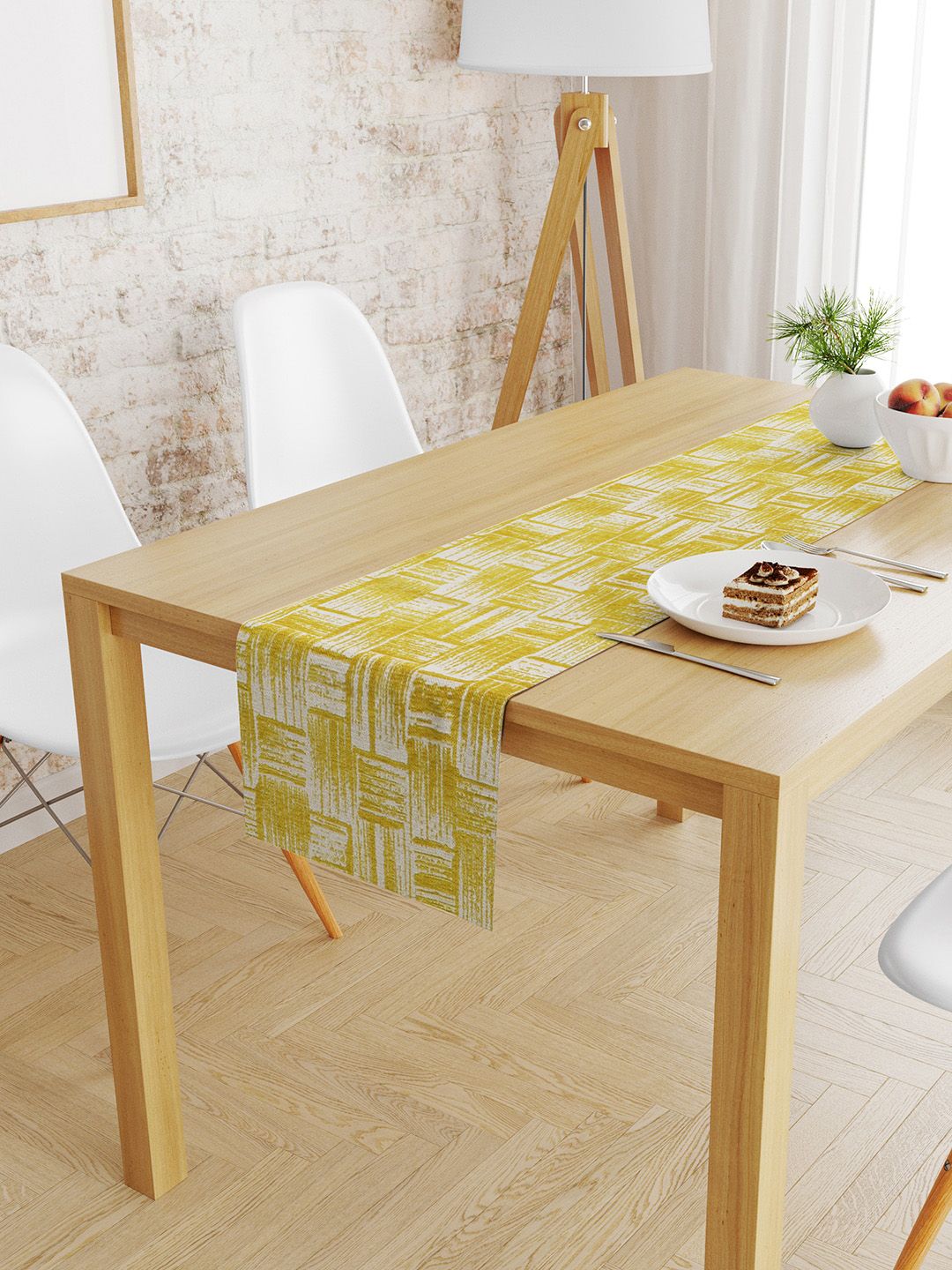 S9home by Seasons Lime Green & White Geometric 6 Seater Table Runner Price in India