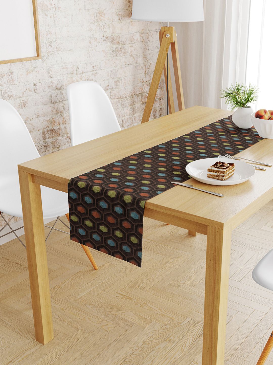 S9home by Seasons Coffee Brown & Blue Geometric 6 Seater Table Runner Price in India