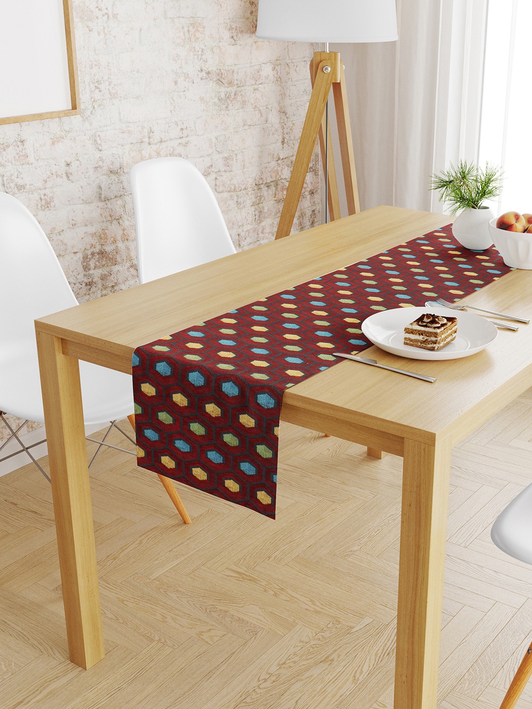 S9home by Seasons Maroon & Green Geometric 6 Seater Table Runner Price in India