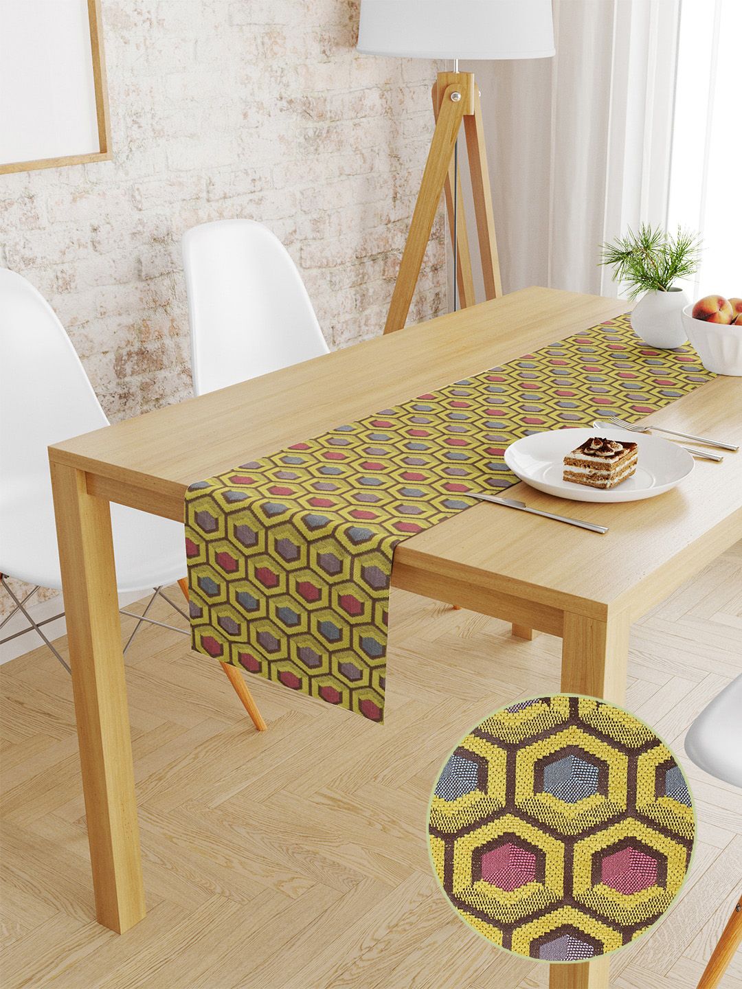 S9home by Seasons Lime Green & Brown Geometric 6 Seater Table Runner Price in India