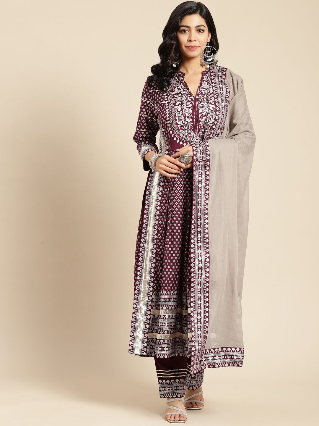 Prakhya Women Burgundy Ethnic Motifs Printed Mirror Work Kurta with Trousers & With Dupatta Price in India