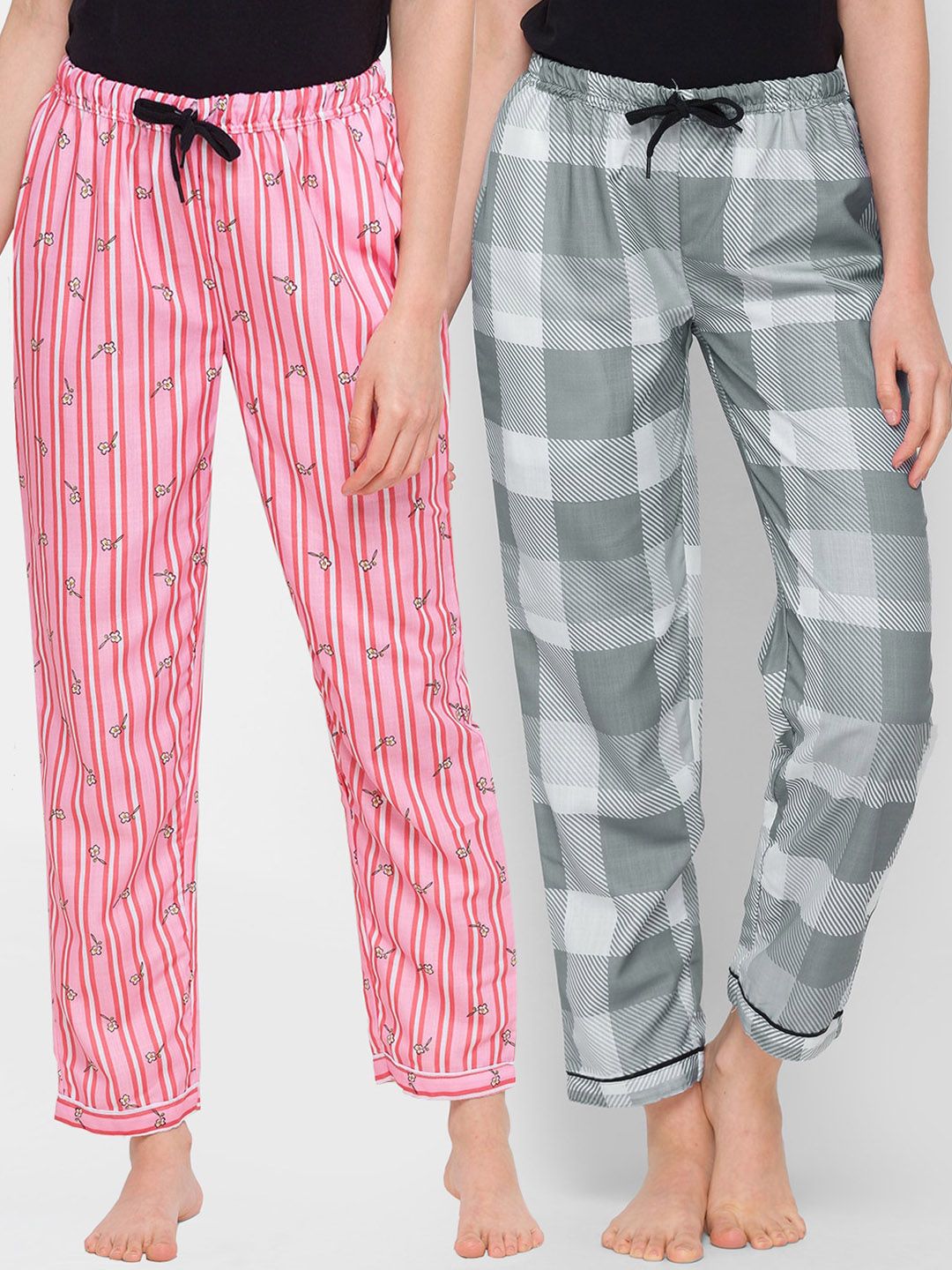 FashionRack Women Pack of 2 Pink & Grey Mid Rise Cotton Lounge Pants Price in India