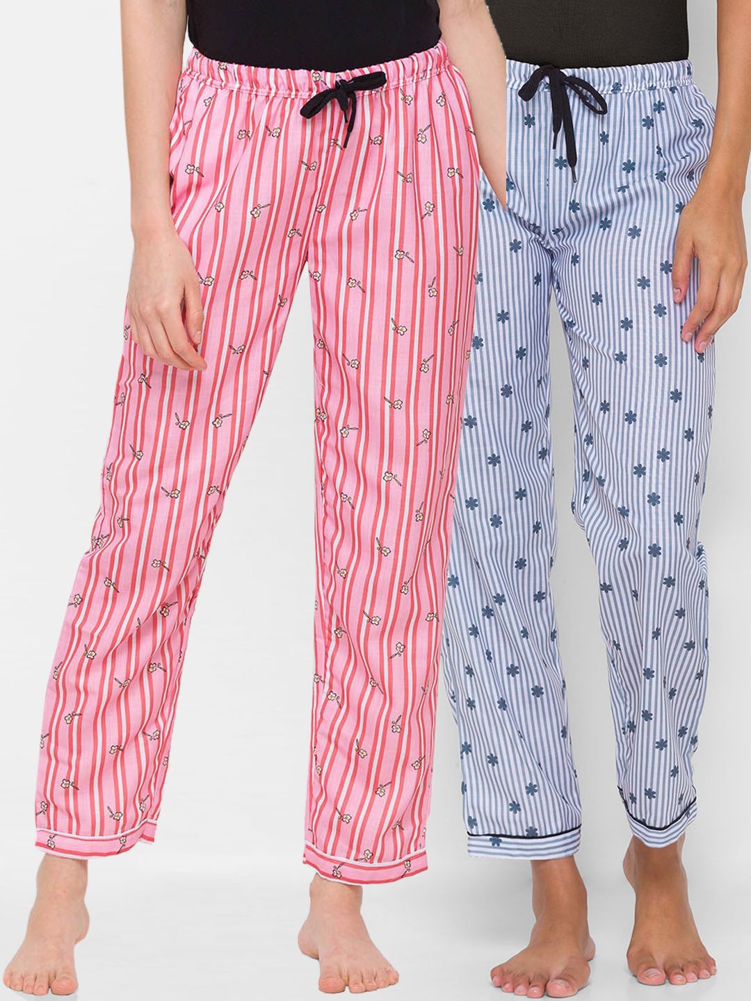 FashionRack Women Pack Of 2 Grey & Pink Striped Regular Fit Cotton Lounge Pants Price in India