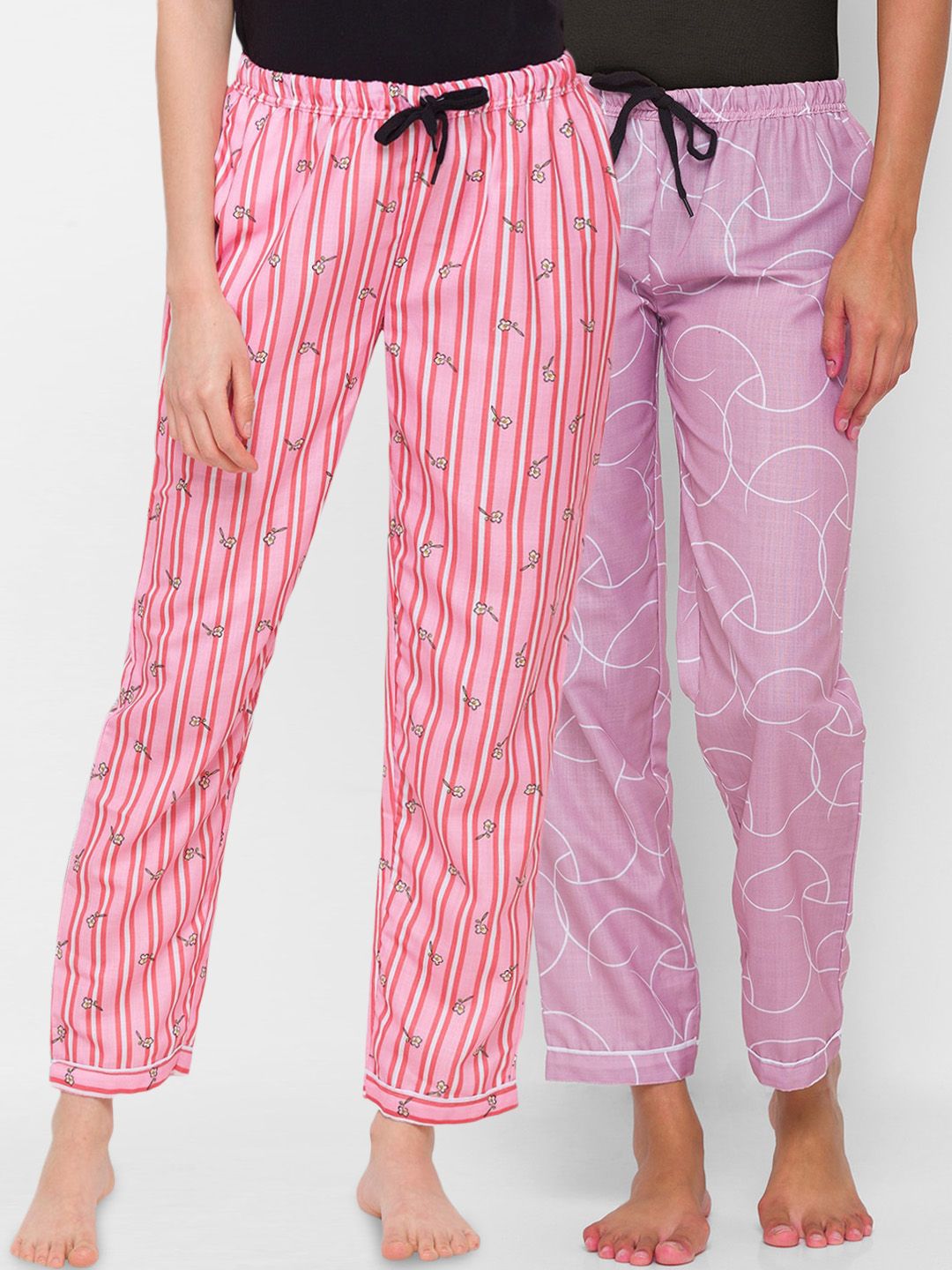 FashionRack Women Pink Set Of 2 Printed Cotton Lounge Pants Price in India