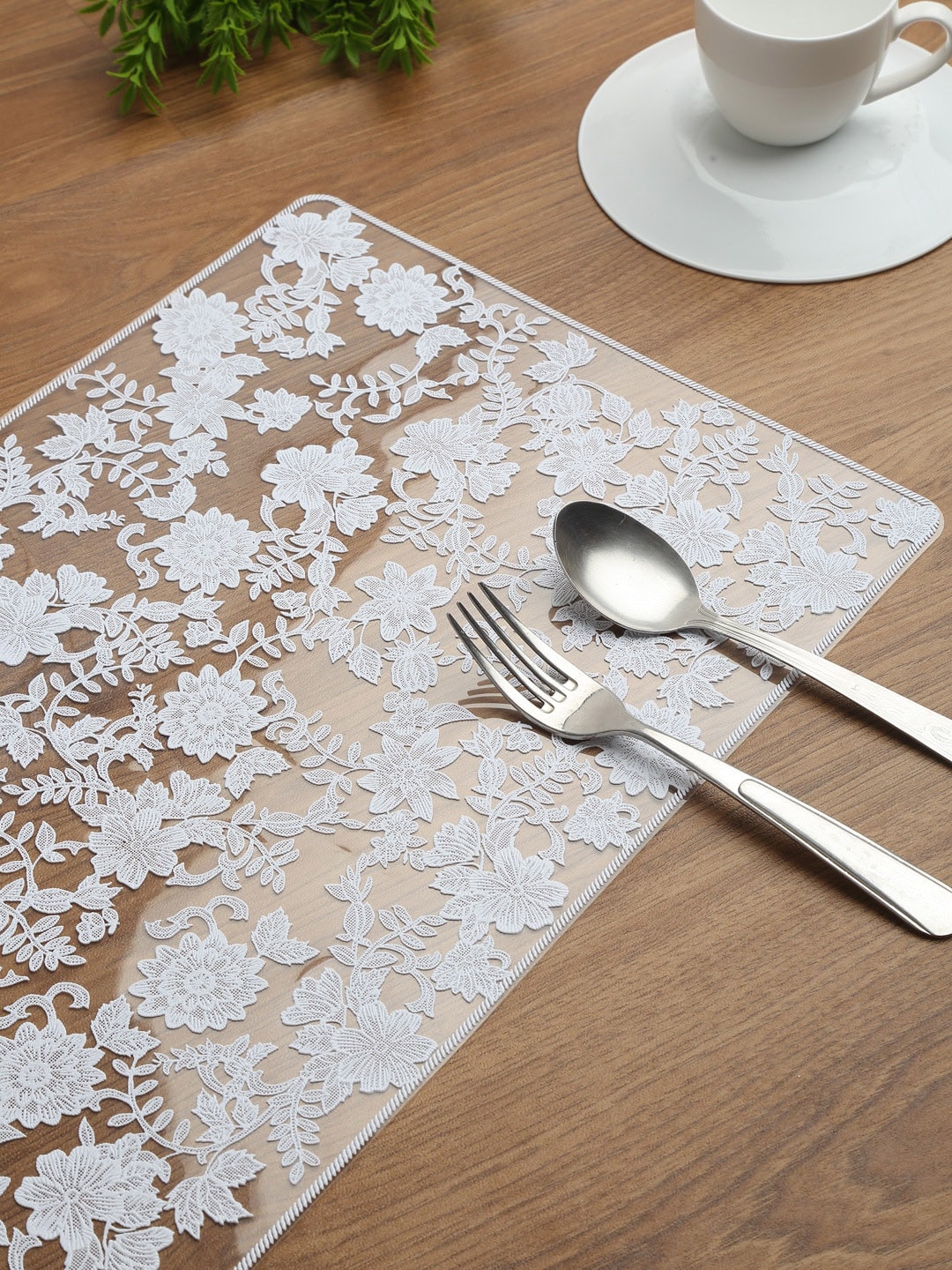 HOSTA HOMES White & Transparent Set of 6 Floral Design Rectangular Table Placemats Price in India
