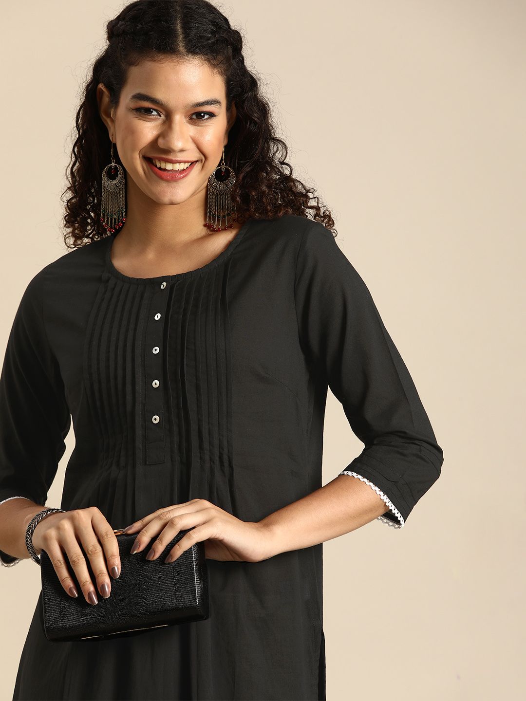 Anouk Women Black Solid Pleated Round Neck Pure Cotton Kurta