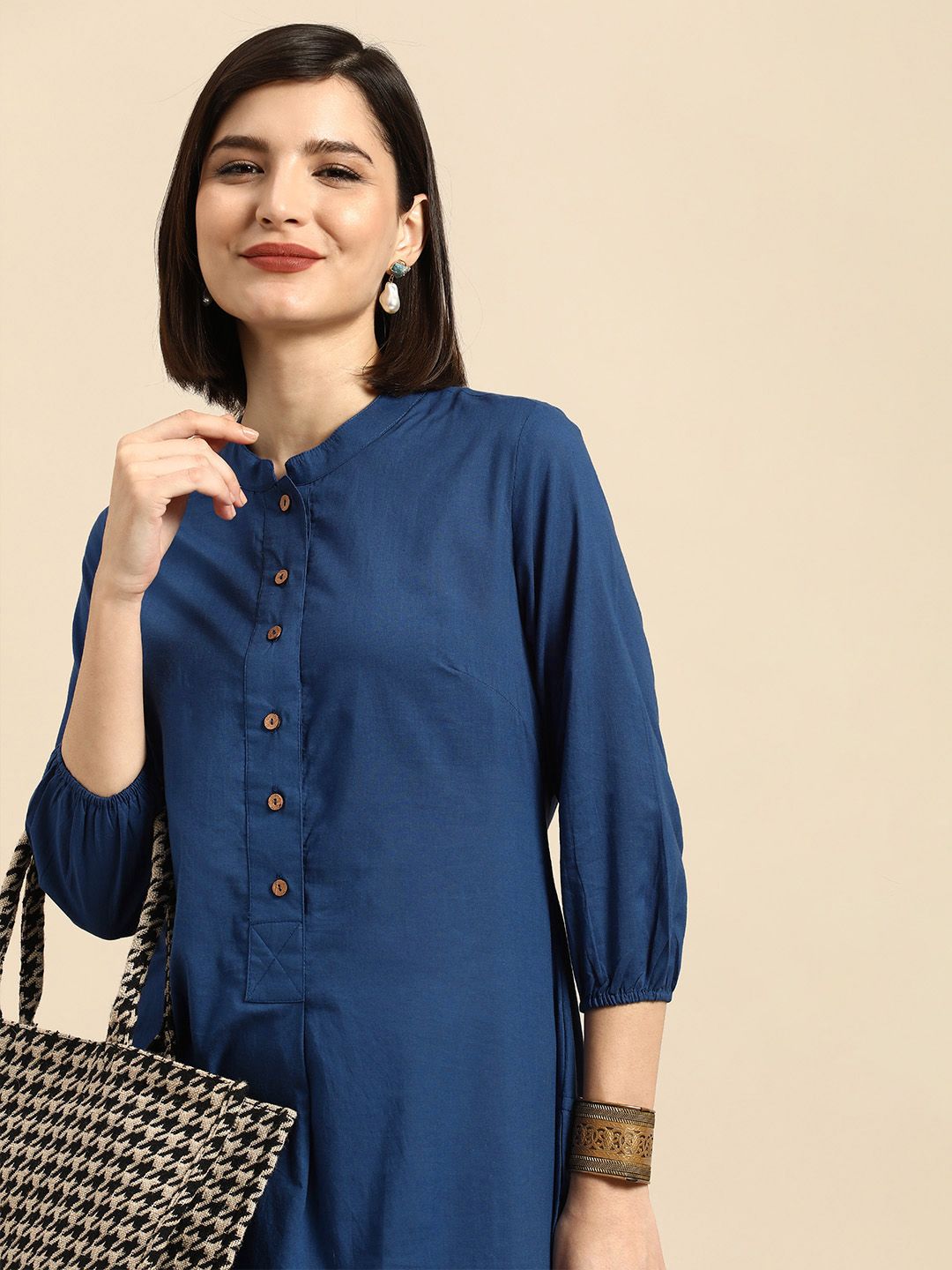 Anouk Women Navy Blue Solid Pure Cotton Kurta Price in India