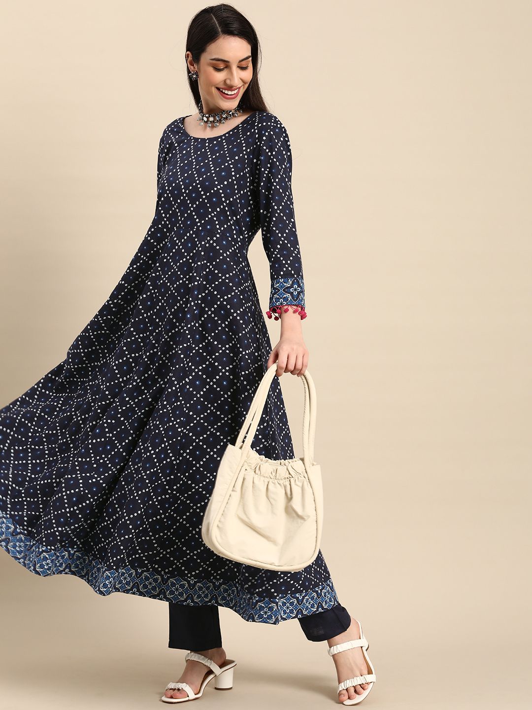 Anouk Women Navy Blue & White Bandhani Printed Pure Cotton Kurta with Trousers Price in India