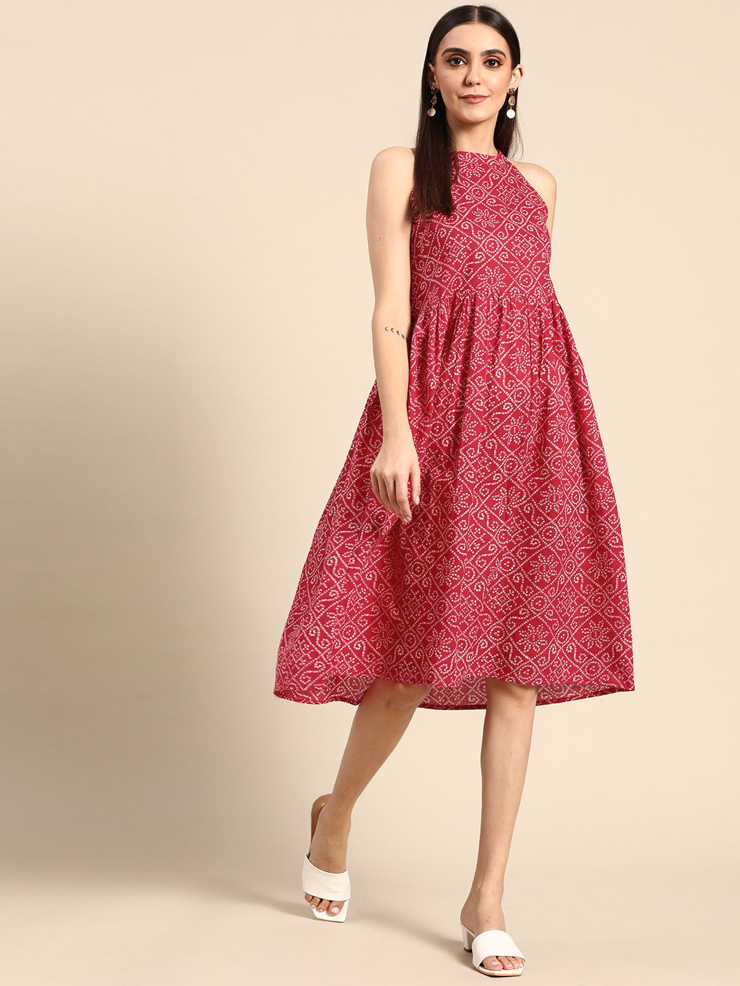 Anouk Pink & White Bandhani Printed Ethnic Pure Cotton A-Line Dress with Gathers Price in India