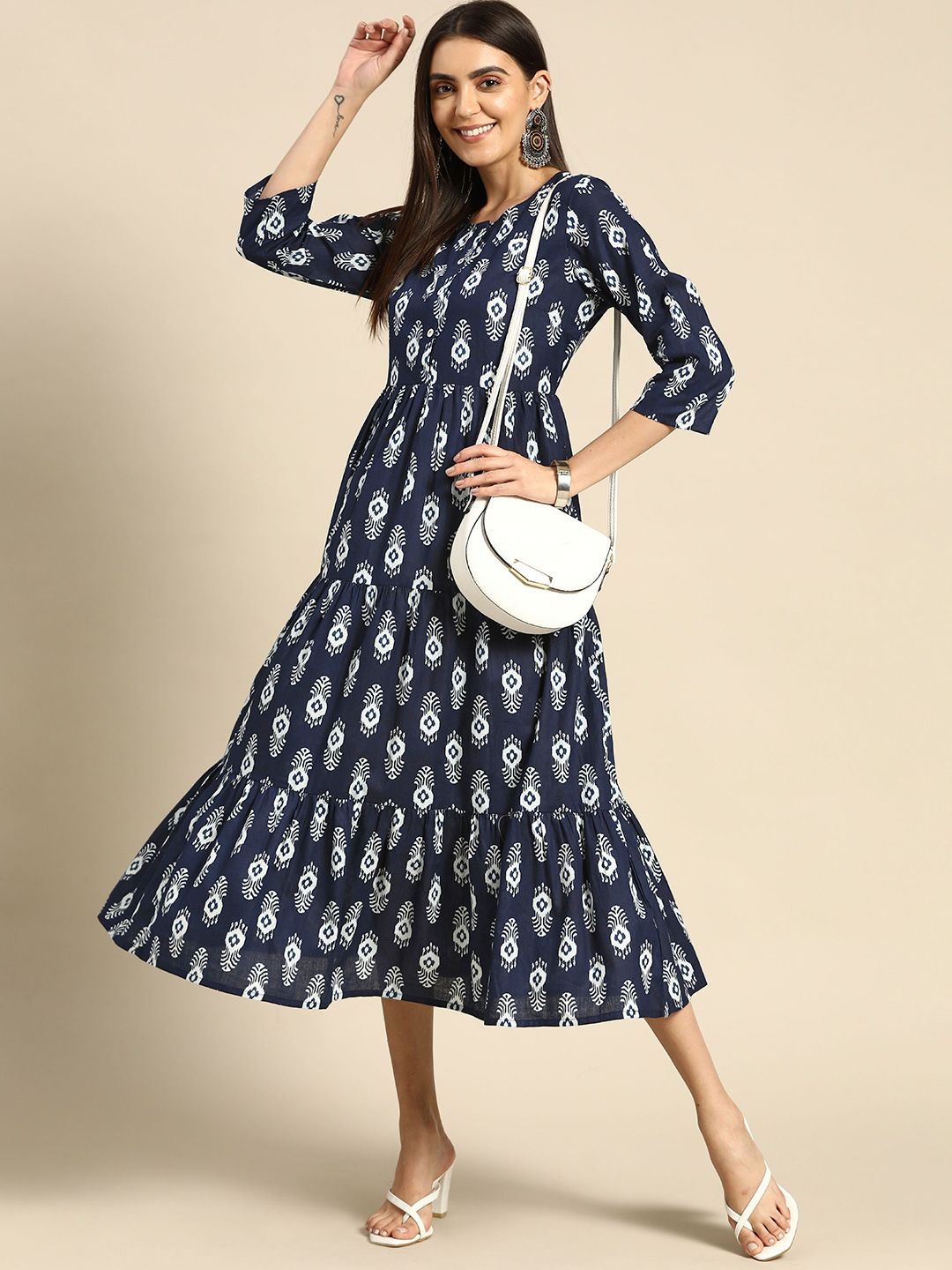 Anouk Women Navy Blue & White Ethnic Motifs Pure Cotton A-Line Midi Dress Price in India