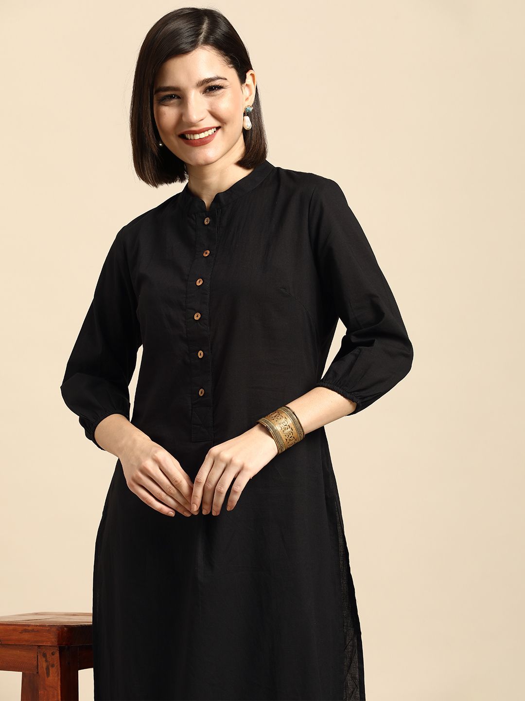 Anouk Women Black Solid Pure Cotton Kurta Price in India