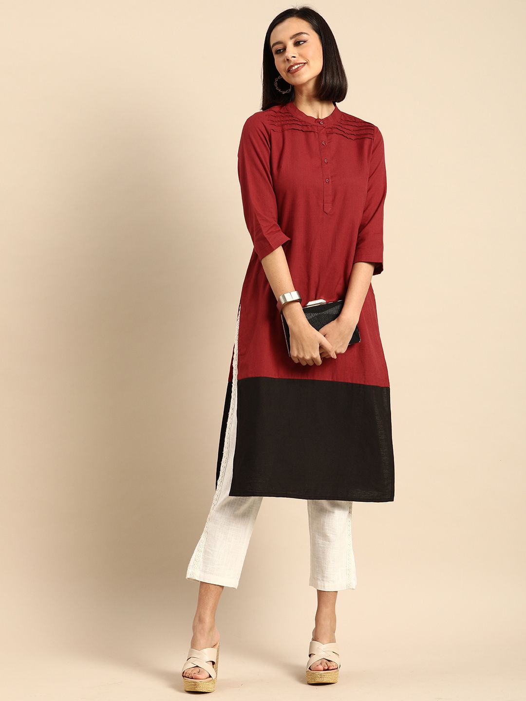 Anouk Women Red & Black Colourblocked Pure Cotton Straight Kurta Price in India