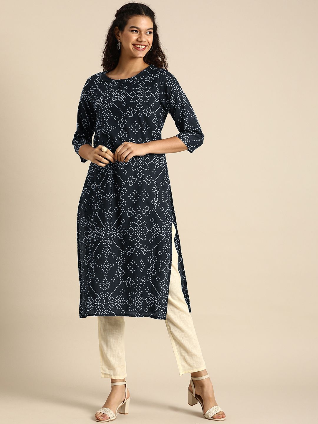 Anouk Women Navy Blue & White Bandhani Printed Pure Cotton Kurta Price in India