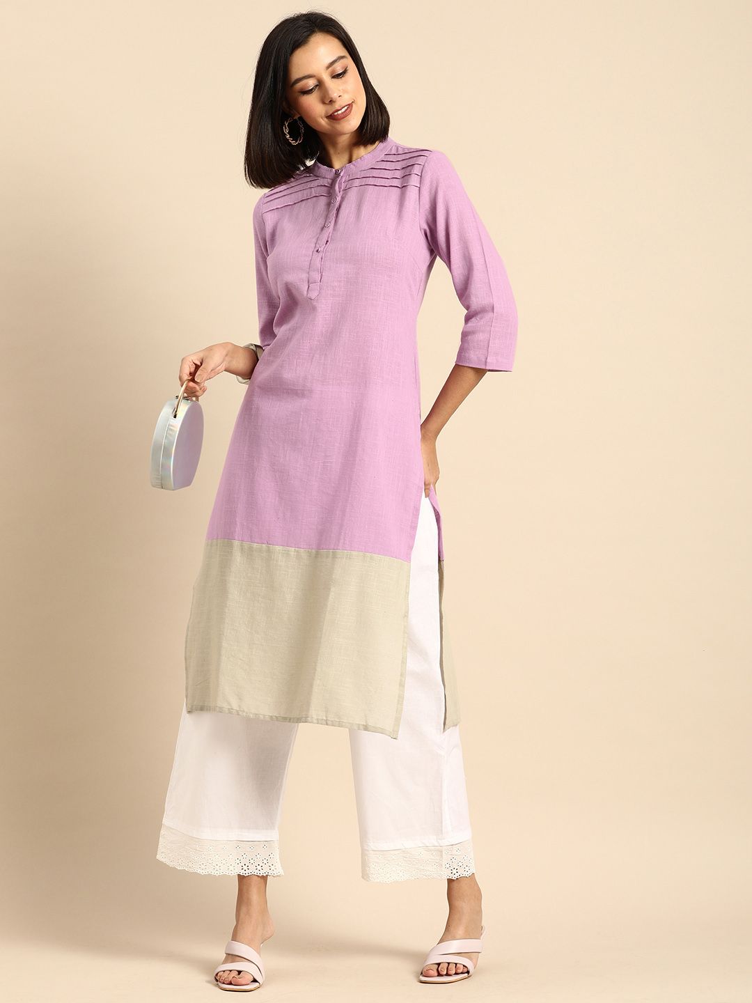 Anouk Women Lavender & Grey Colourblocked Pure Cotton Straight Kurta Price in India