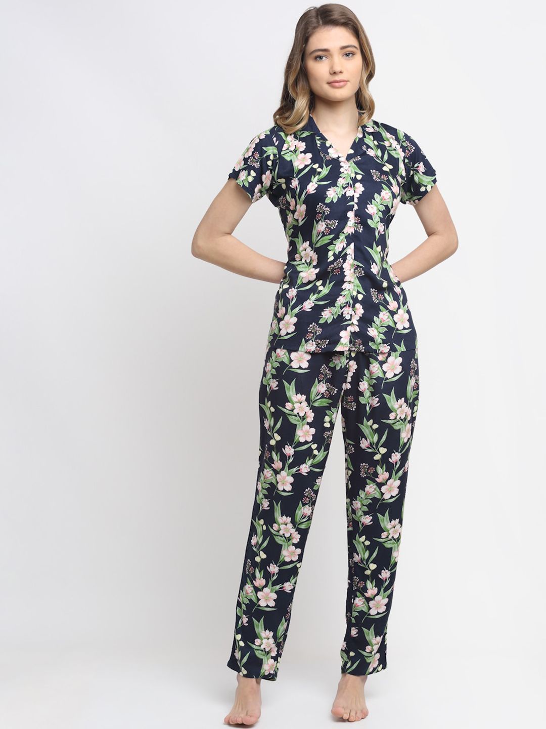 Claura Women Navy Blue & Pink Floral Printed Night suit Price in India