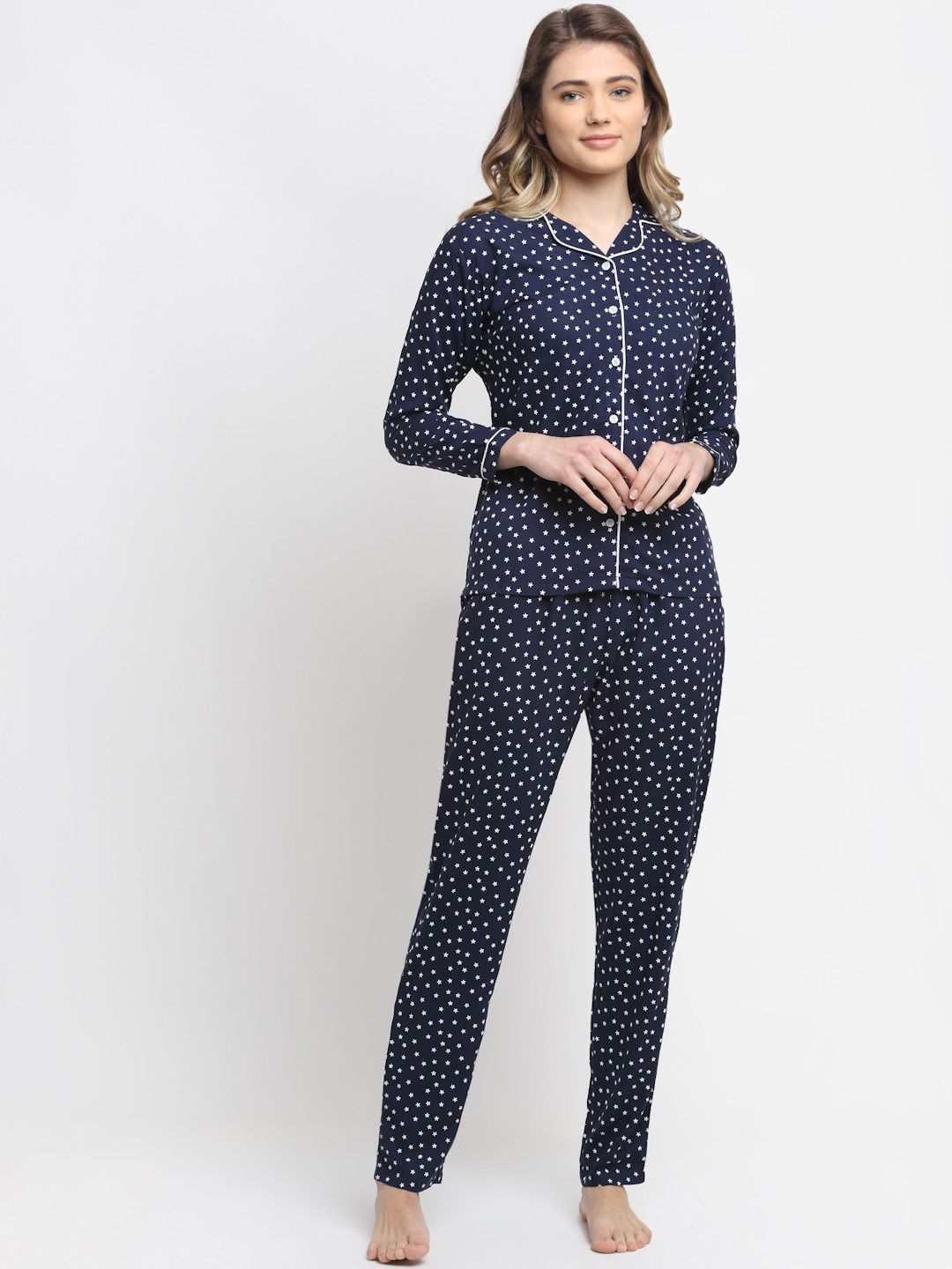 Claura Women Navy Blue & White Printed Night suit Price in India