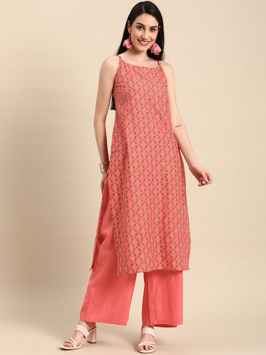 Anouk Women Peach-Coloured & Beige Printed Kurta with Palazzos Price in India