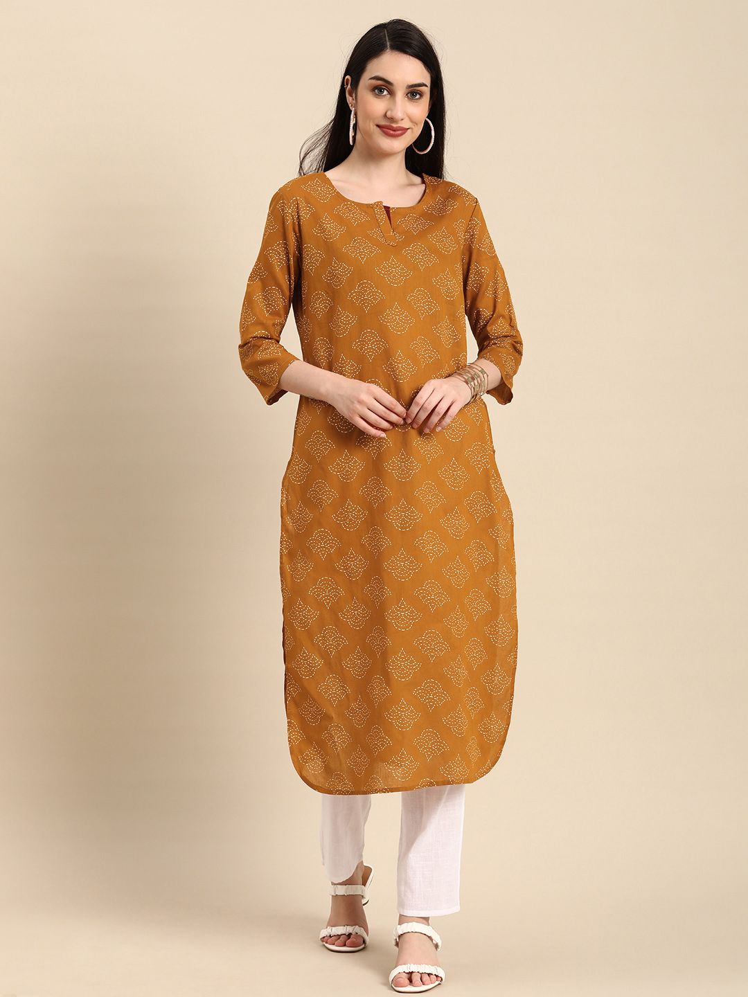 Anouk Women Mustard Yellow & White Printed Kurta Price in India