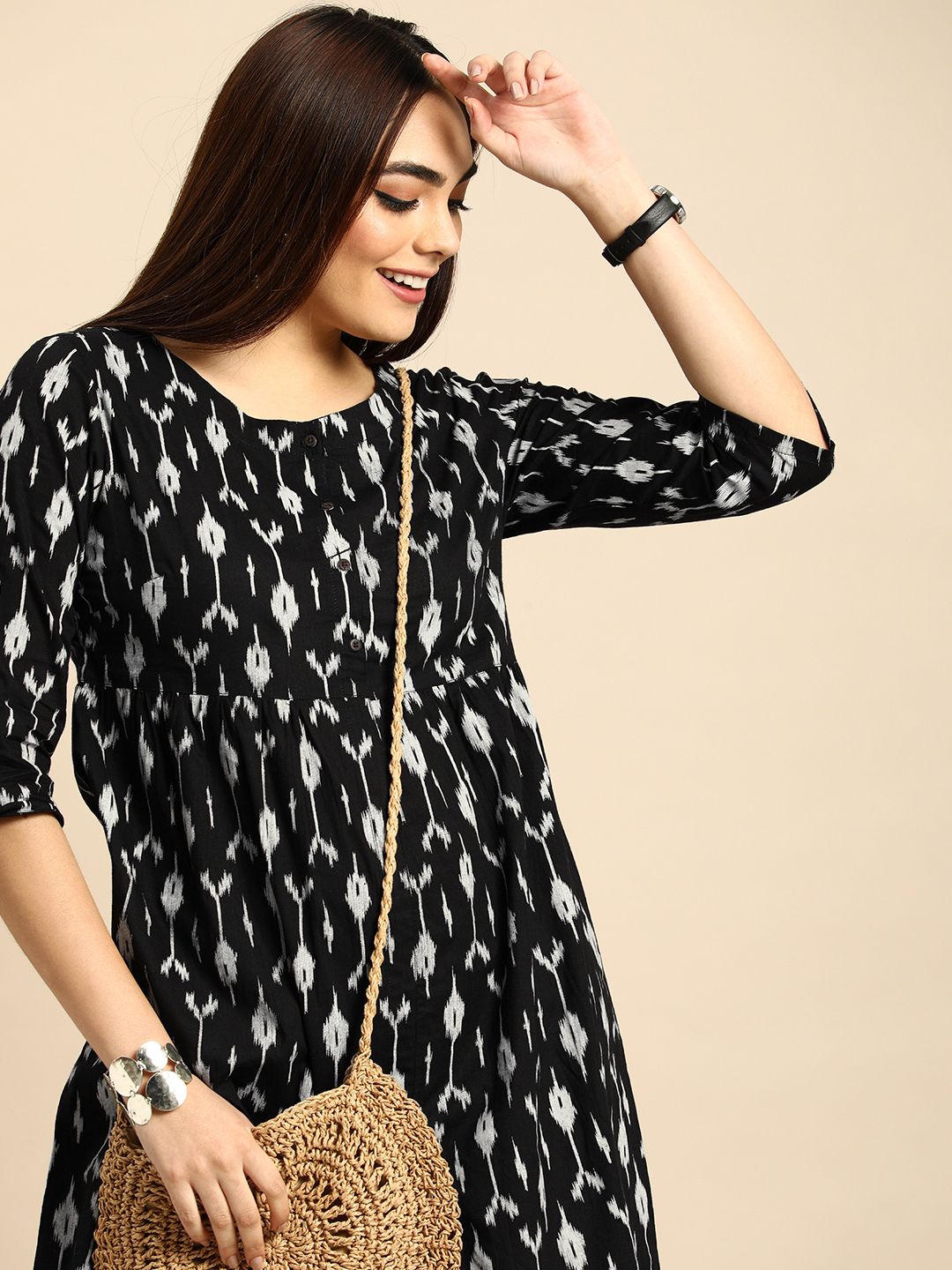 Anouk Women Black & White Ethnic Motifs Printed Pure Cotton Kurta Price in India