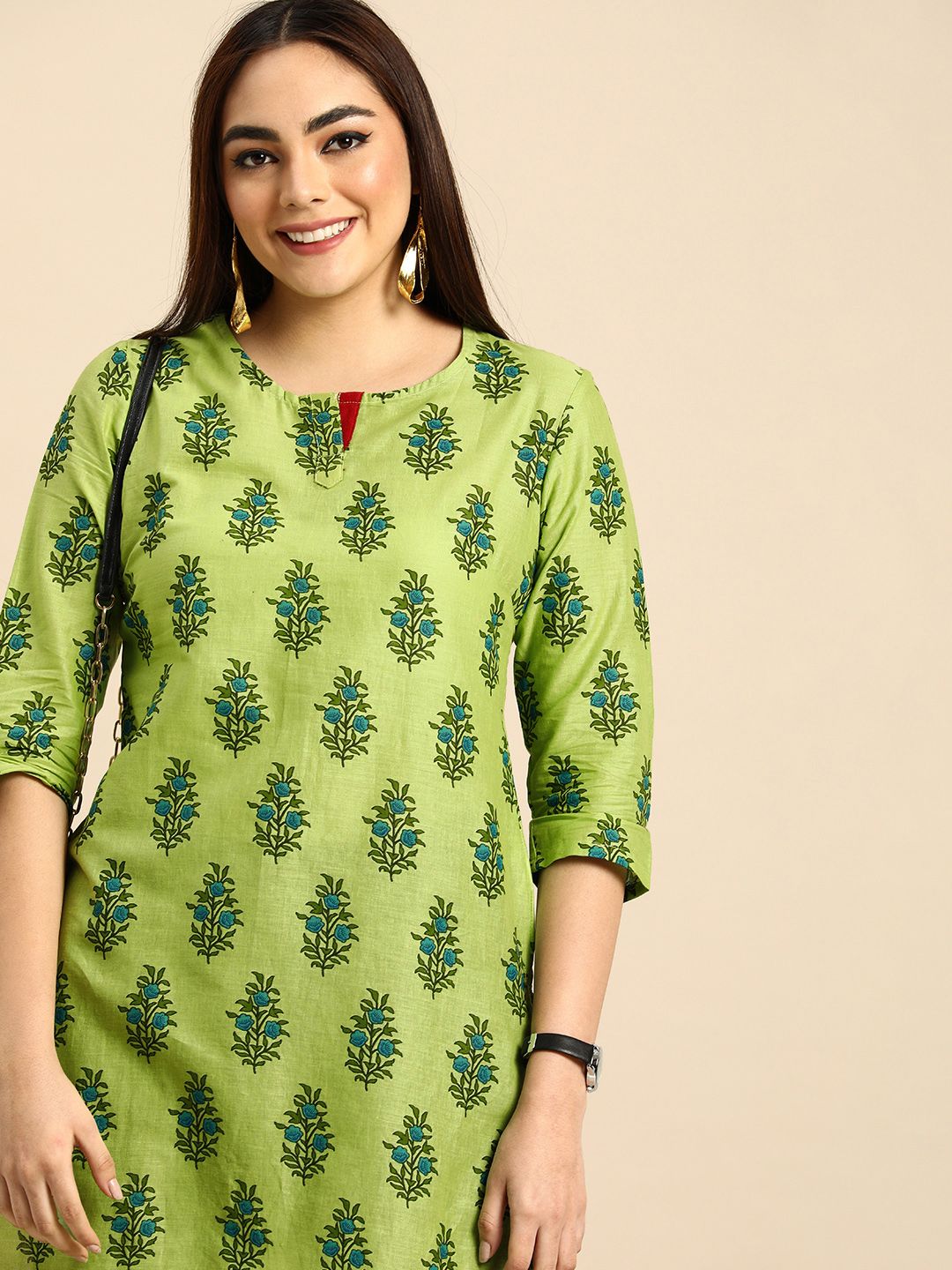 Anouk Women Green & Blue Floral PrintedPure Cotton Kurta Price in India